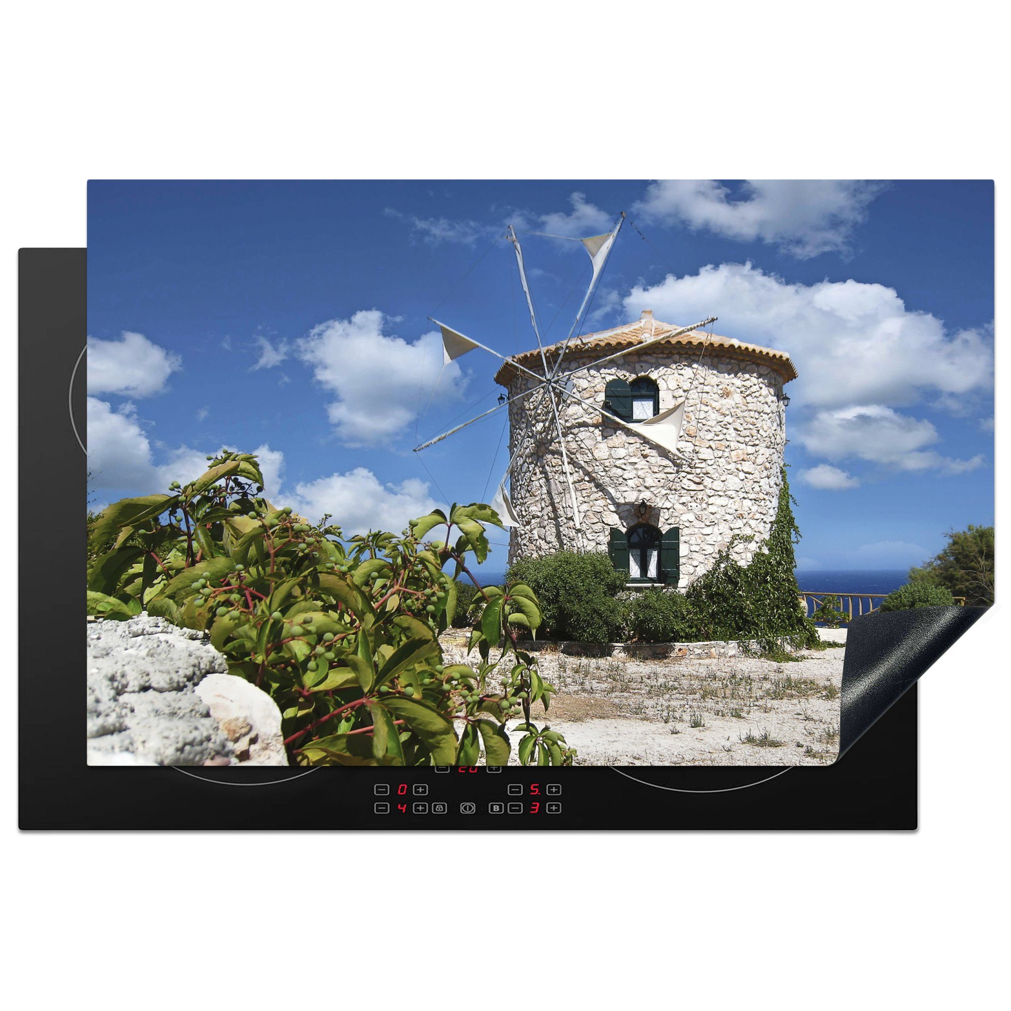 MuchoWow Herdblende-/Abdeckplatte Eine Windmühle auf Zakynthos Griechenland, Vinyl, (1 tlg), 81x52 cm, Induktionskochfeld Schutz für die küche, Ceranfeldabdeckung