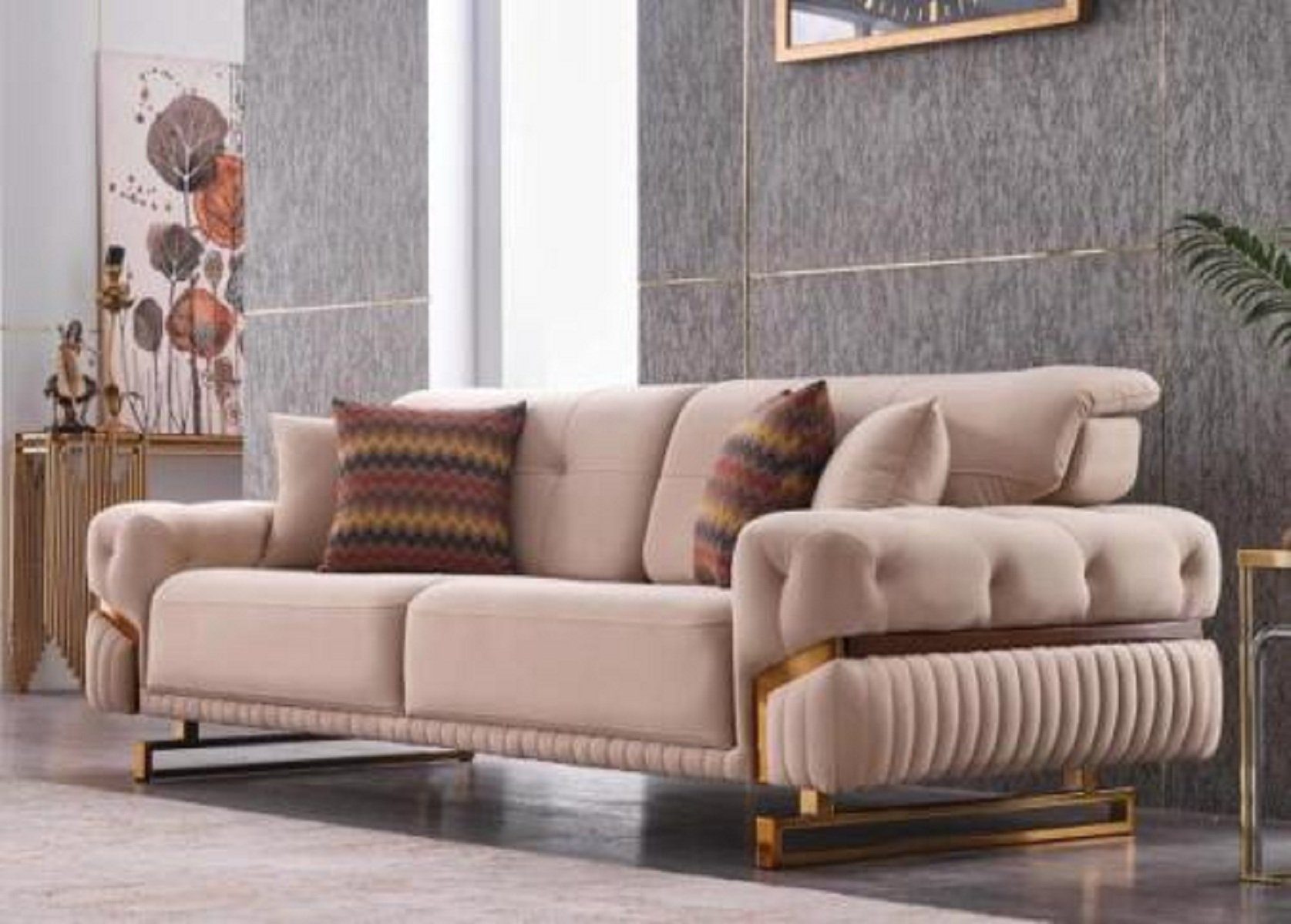 JVmoebel 3-Sitzer Beiger 3 sitzer Edelstahlmöbel Wohnzimmer Couch Luxus Textil Sofa, 1 Teile, Made in Europa