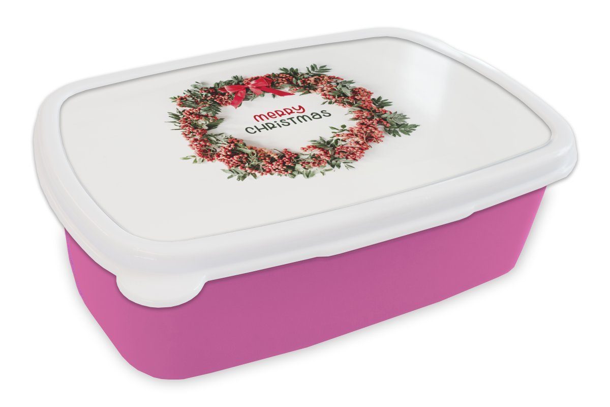 MuchoWow Lunchbox Winter - Mistelzweig - Weihnachtskranz, Kunststoff, (2-tlg), Brotbox für Erwachsene, Brotdose Kinder, Snackbox, Mädchen, Kunststoff rosa