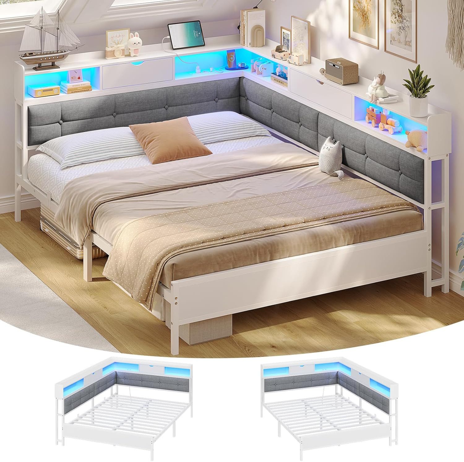MSMASK Polsterbett Daybett Jugendbett mit LED-Beleuchtung und USB-Ladestation (Ohne Matratze), Bettgestell mit Lattenrost aus Metall,140x200