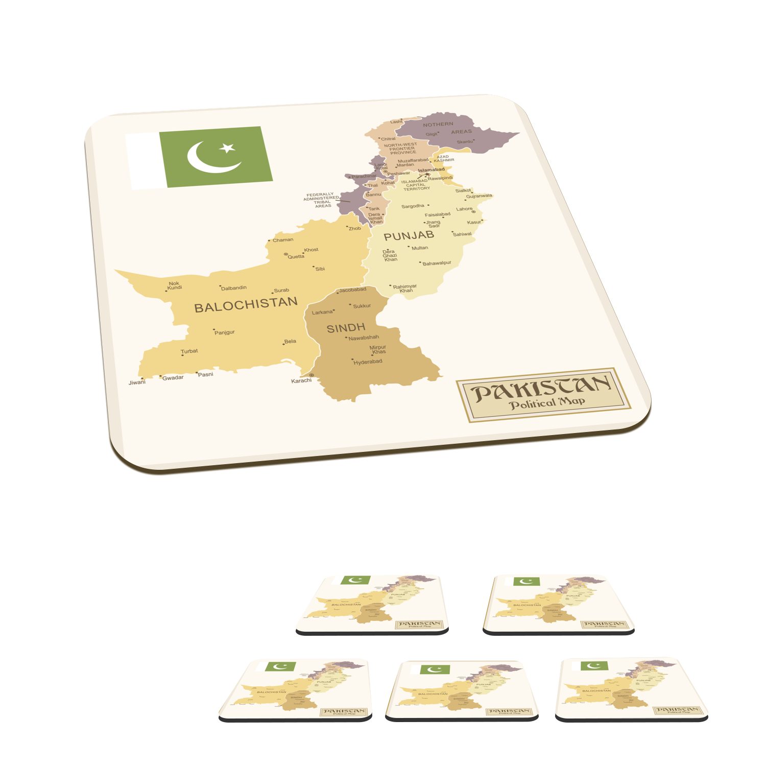 MuchoWow Glasuntersetzer Illustration einer bunten Karte von Pakistan, Zubehör für Gläser, 6-tlg., Glasuntersetzer, Tischuntersetzer, Korkuntersetzer, Untersetzer, Tasse | Getränkeuntersetzer