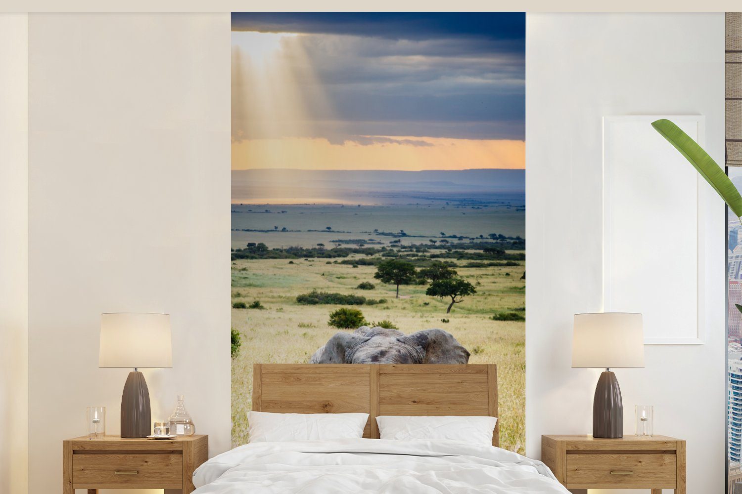 bedruckt, Landschaft MuchoWow Wohnzimmer Tiere Natur, Sonne für (2 Elefant Fototapete Schlafzimmer - Küche, - Matt, - Fototapete - St), Vliestapete