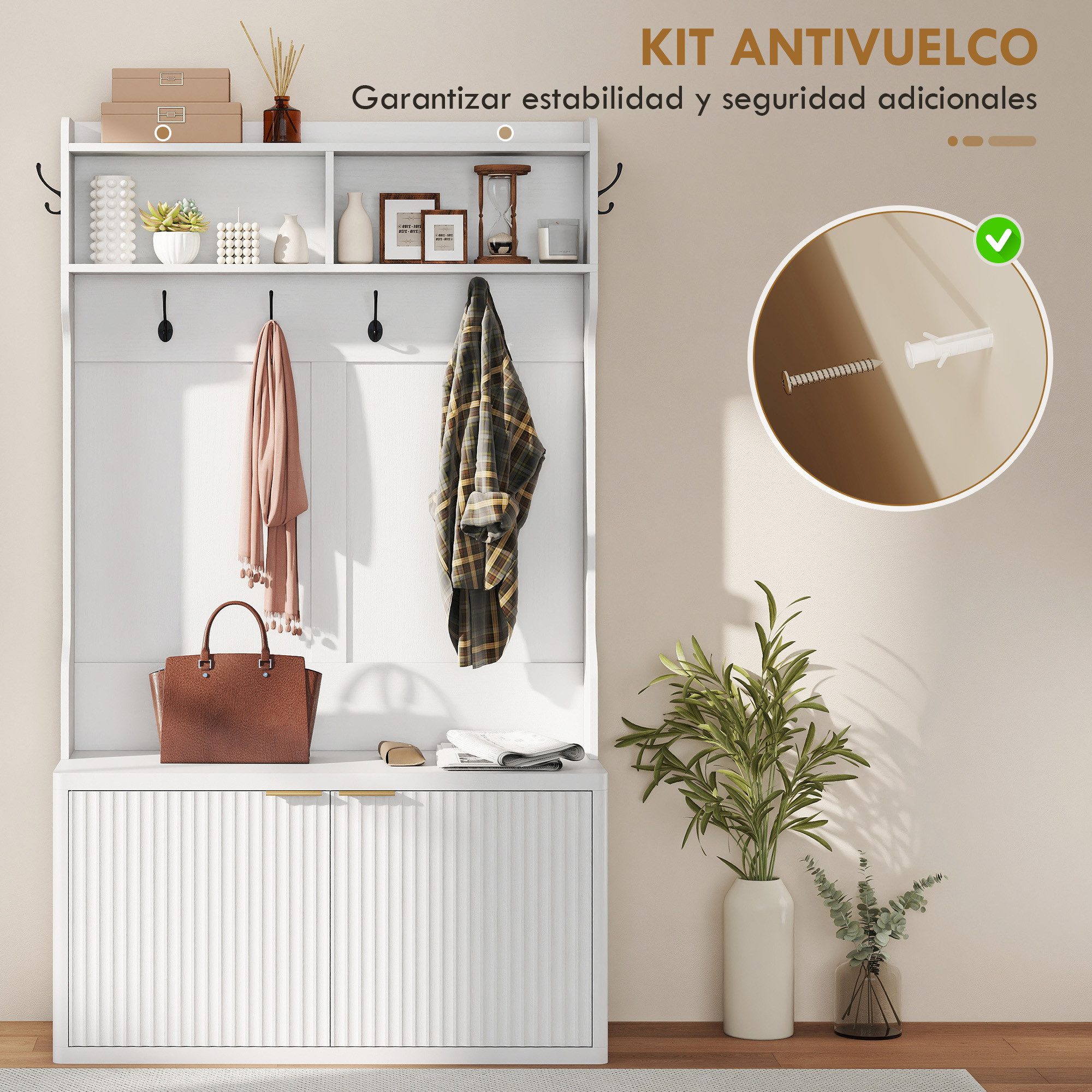 kowdom Garderobenständer Garderoben-Schuhschrank 4-in-1, Bank & Haken, 100x38x172 cm, (Garderobe, 4-in-1 Möbelstück), Garderoben-Schuhschrank, 4-in-1, Bank, Haken, 172 cm