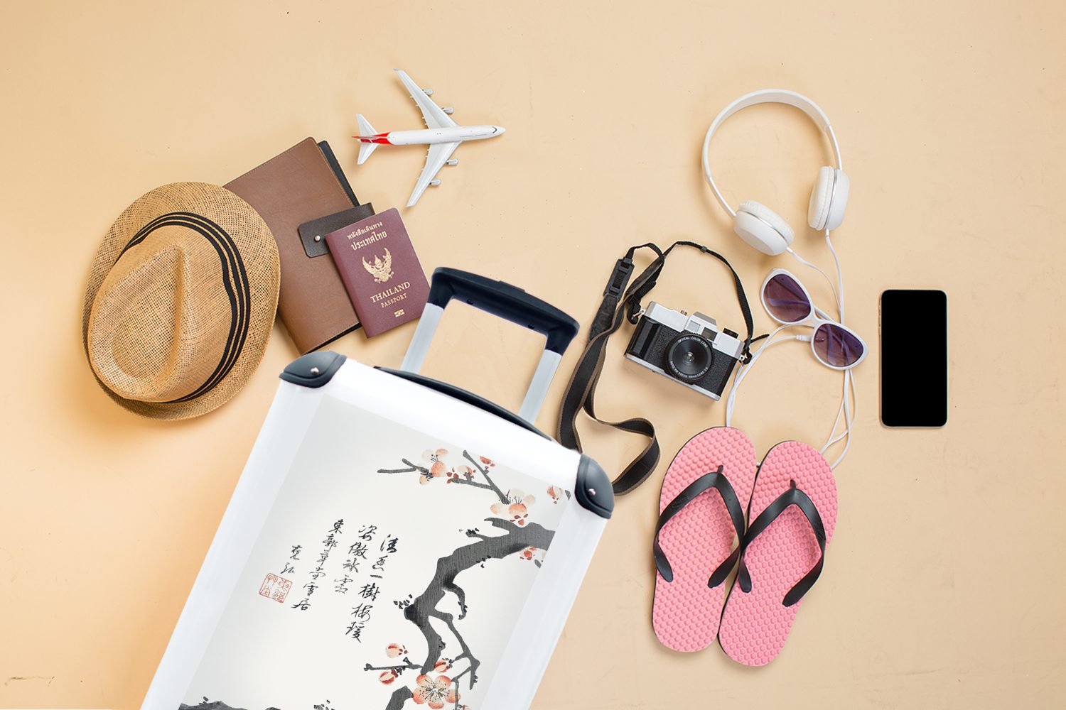 MuchoWow Handgepäckkoffer Blumen - Sakura Handgepäck mit für Ferien, Jahrgang, Japan Rollen, - Reisekoffer Reisetasche Trolley, 4 rollen, 