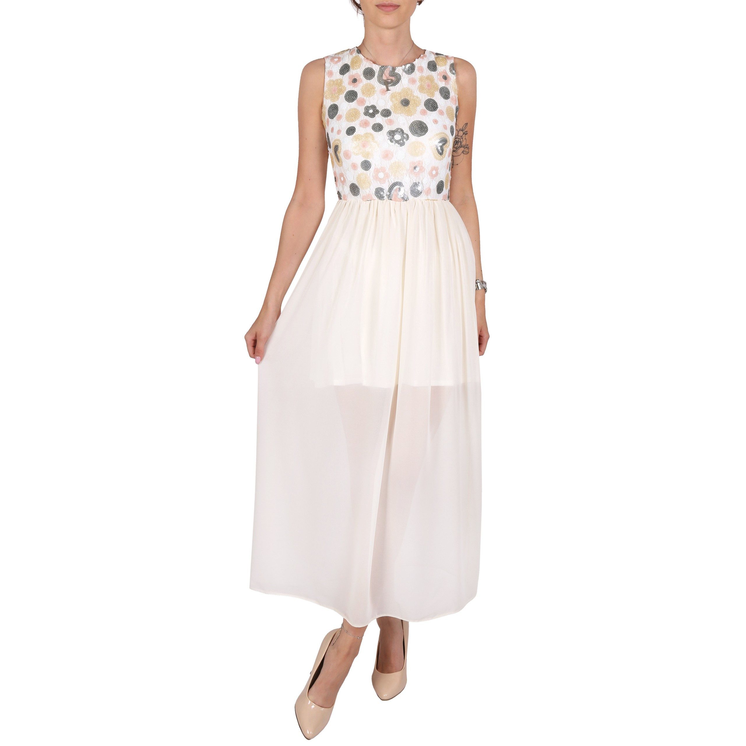 Maxikleid Cremefarbenes Maxi-Kleid mit Pailletten und freiem Rücken John Zack L
