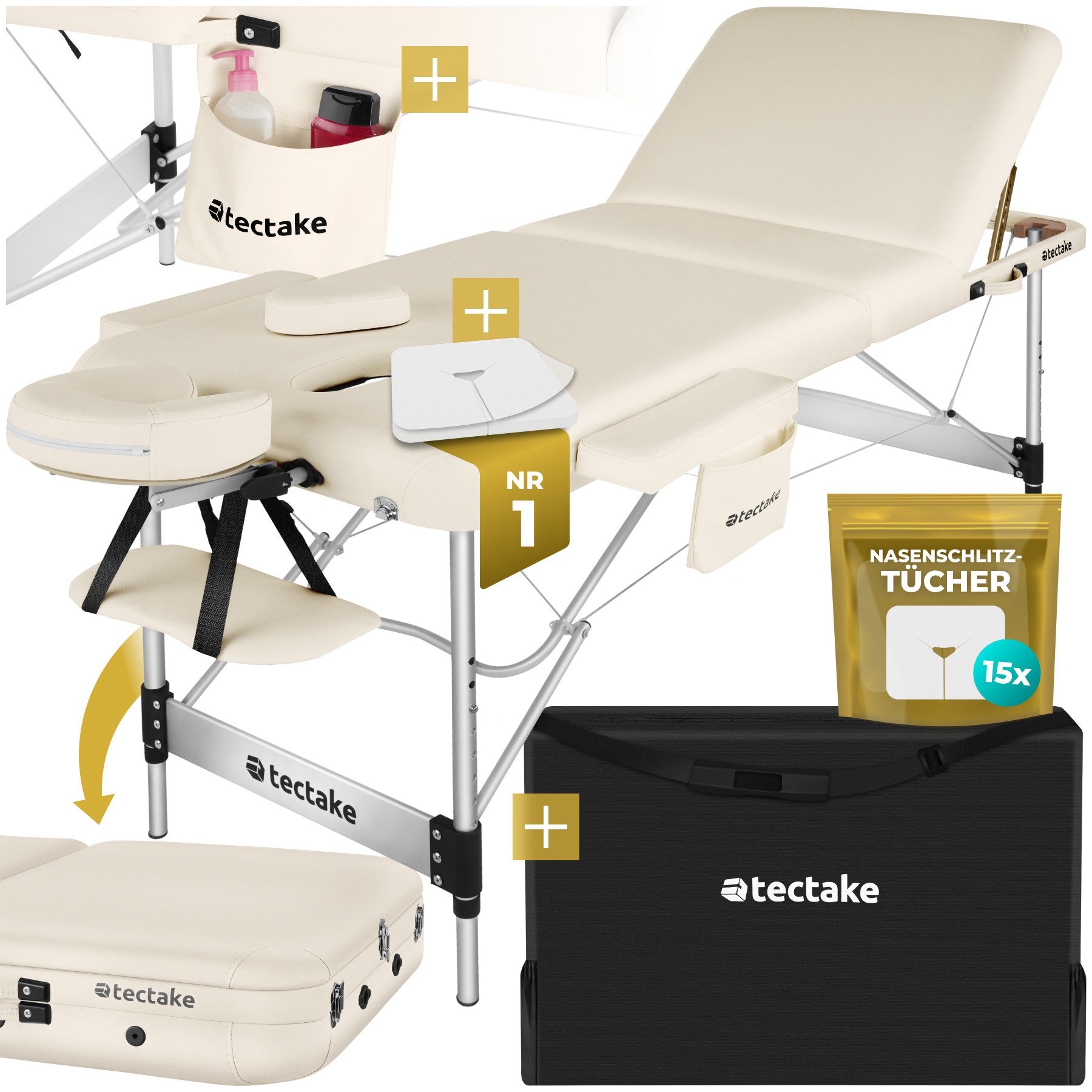 tectake Massageliege 3 Zonen Kosmetikliege mit 5cm Polsterung und Aluminiumgestell (Komplettset, 1-St., beige inklusive Tragetasche), klappbar und höhenverstellbar, verstellbare Ablagen für Kopf und Arme