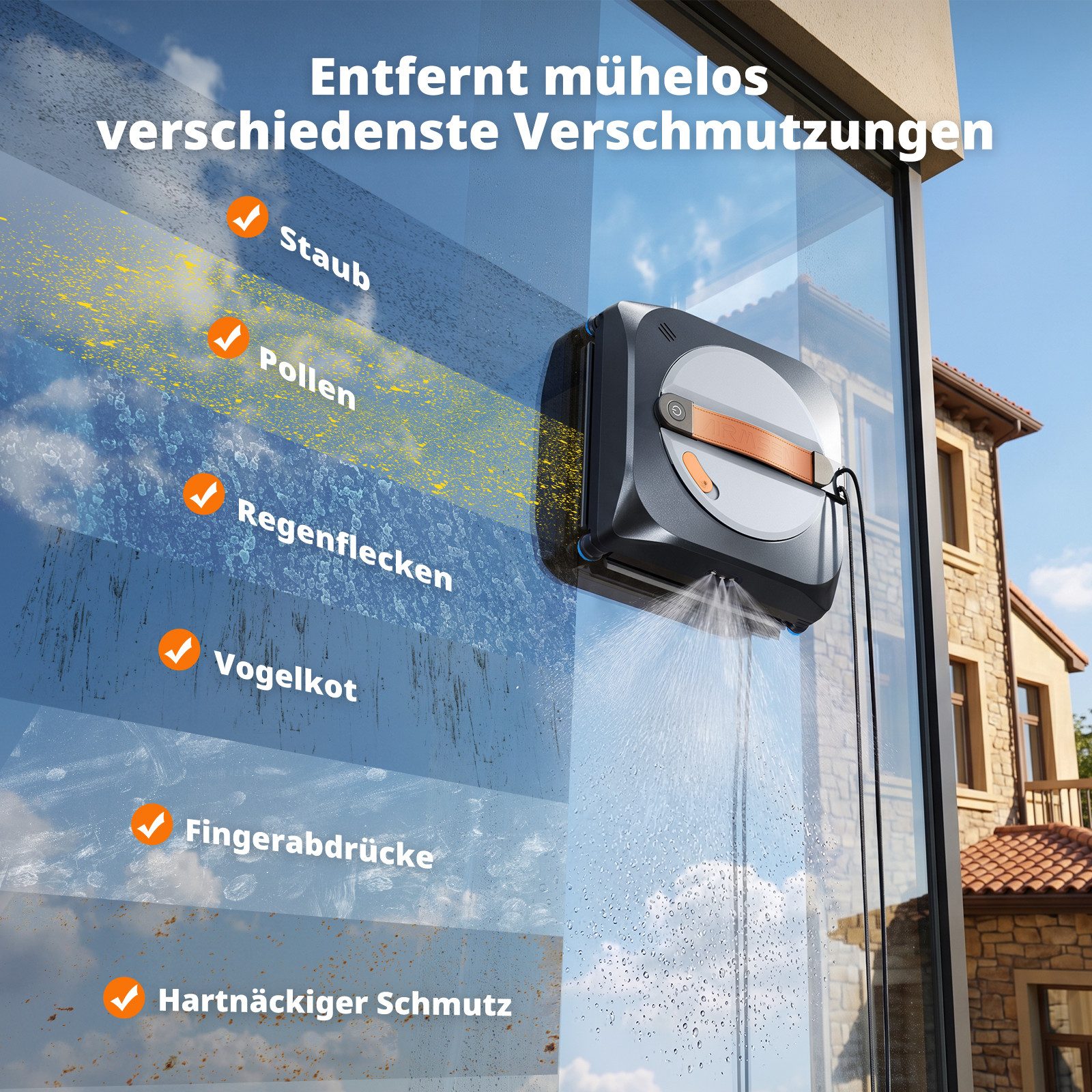 Airmsen Fensterputzroboter 8000Pa Fensterreiniger Elektrisch mit 160ml Wassertank, 4 Modes, Anti-Rutsch-Räder,Sprachsteuerung, automatische Fensterreinigung