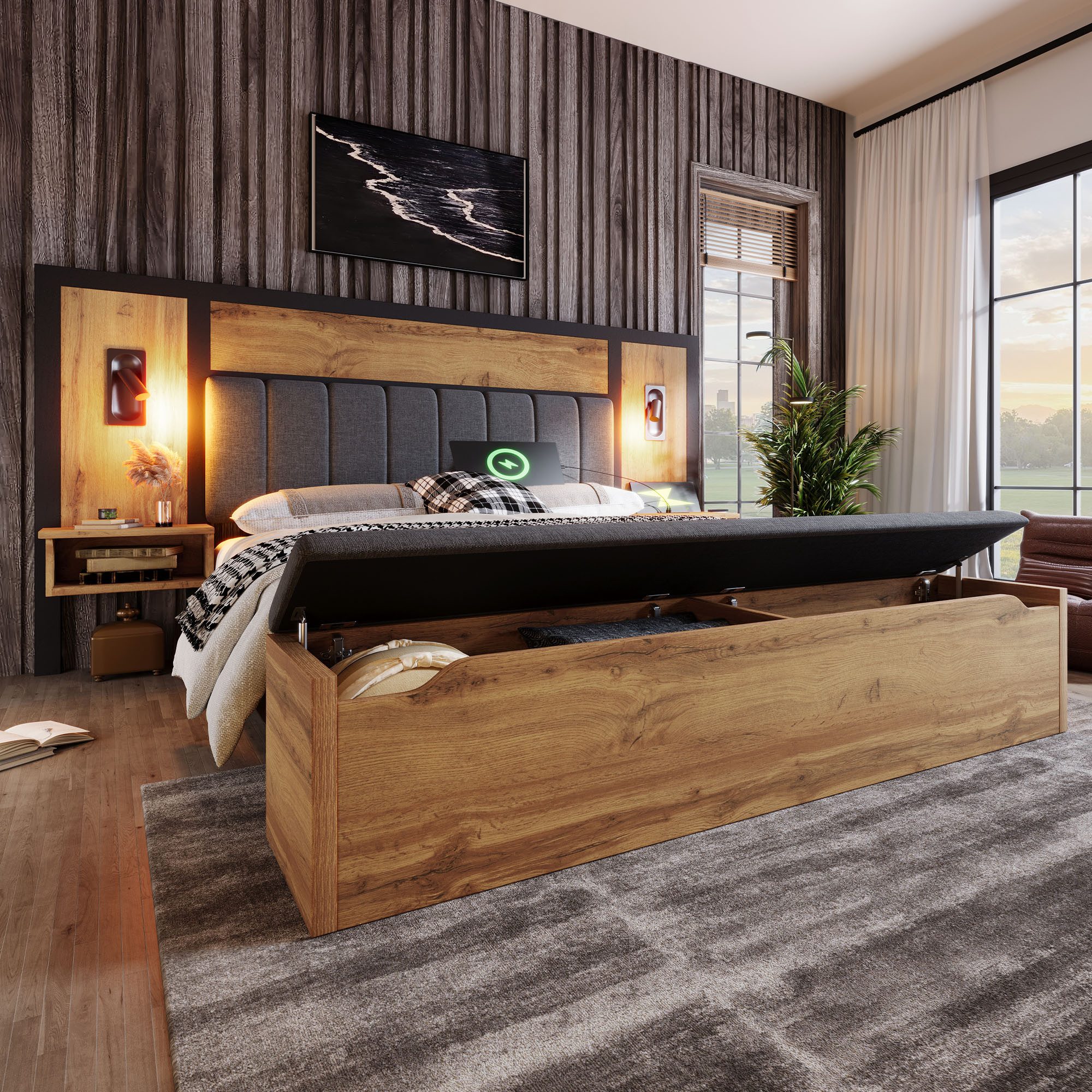 OKWISH Holzbett Bettgestell mit Lattenrost (Struraumbett, Doppelbett, Funktionsbett, 2-tlg., 180×200cm, mit Matratze (H20cm), mit Leselampe und USB/Type-C Nachttisch und Sitzbank mit Stauraum