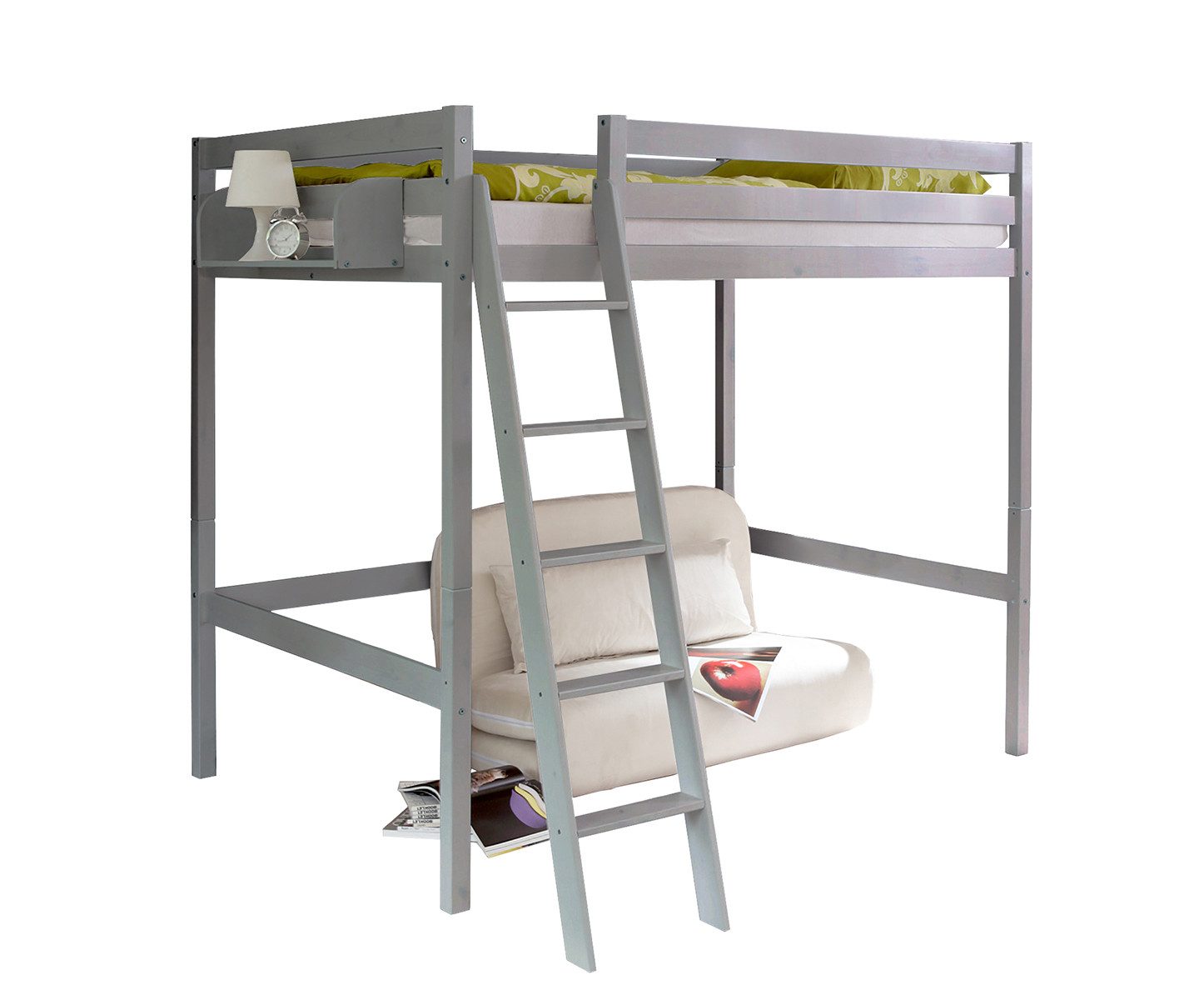 Ticaa Hochbett Hochbett Hochschläfer "Matthias" Kiefer Hellgrau Massives Qualitätsholz, Schrägleiter beidseitig montierbar