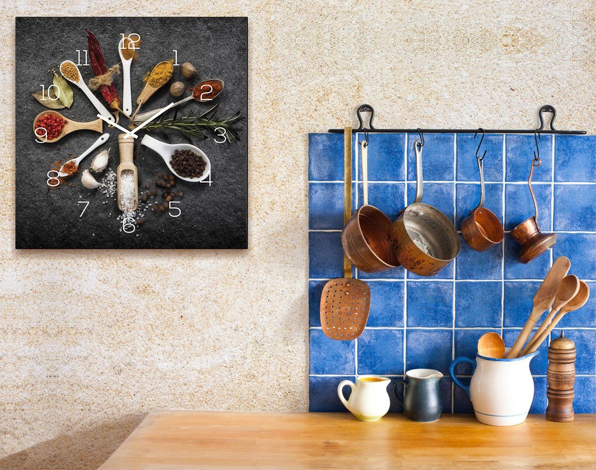 Levandeo® Wanduhr (Wanduhr Alubild Gewürze) Kräuter Alu-Dibond Küche 30x30cm Uhr