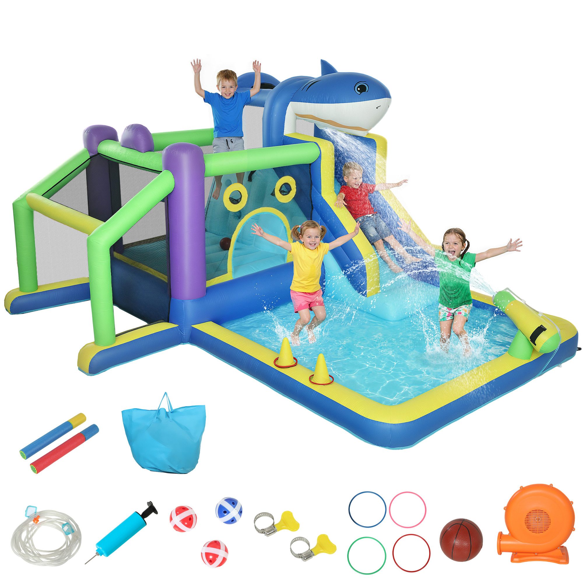 AIYAPLAY Hüpfburg mit Wasserrutsche Planschbecken Trampolin Kletterwand Basketballkorb, (Springburg mit Hai-Design, 1-tlg., 8-in-1 aufblasbare Wasserpark), für 3–8 Jahre für Indoor Outdoor 405x345x235cm Mehrfarbig