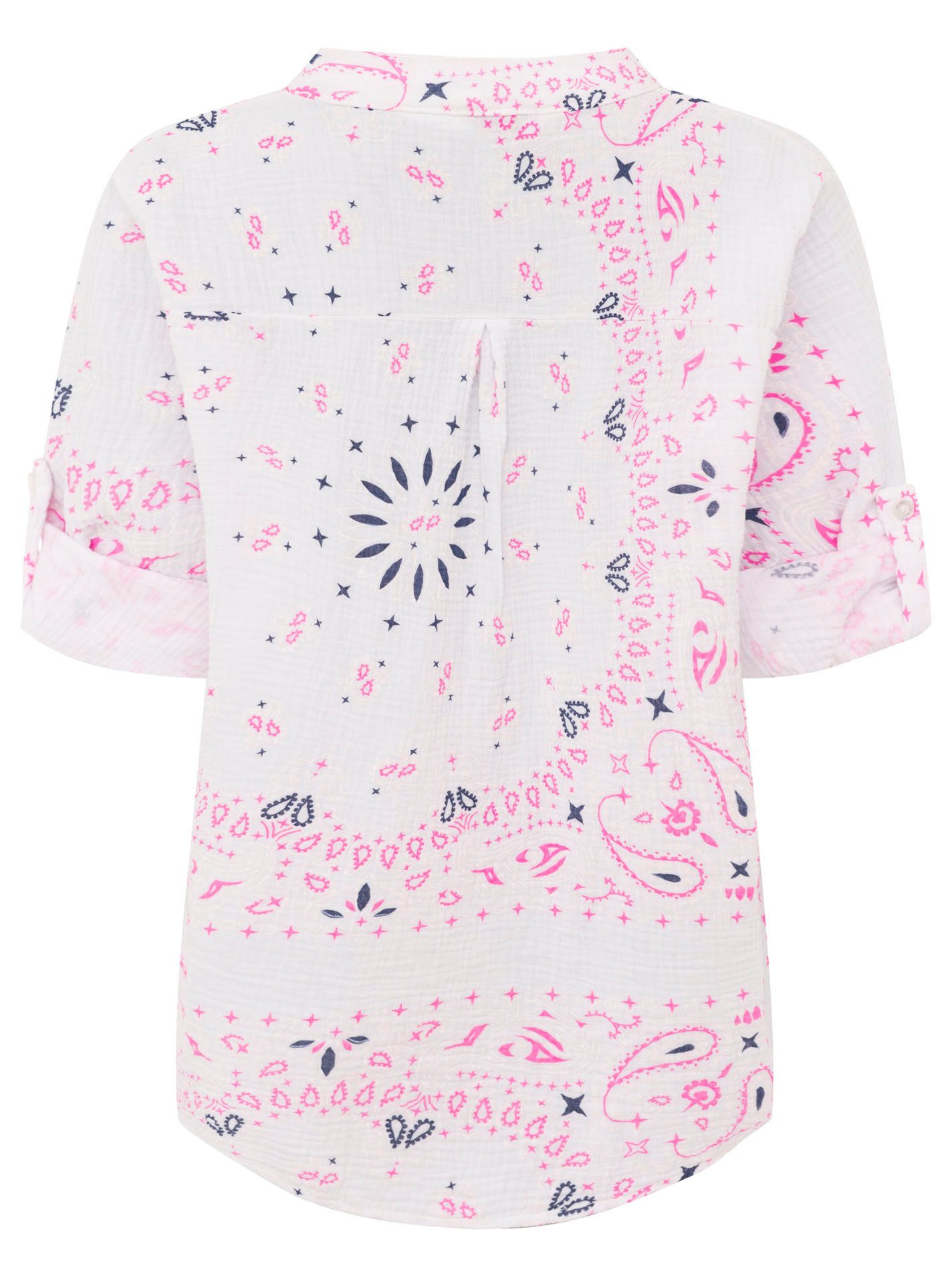 Zwillingsherz Kurzarmbluse "Paisley Dreams" Musselin, Paisley Muster, umgeschlagene Ärmel, V-Neck mit Knopfleiste – Bild 4 von 5