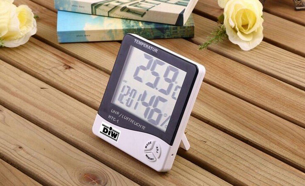 DIW Raumthermometer HTC-1 digitale Wetterstation Hygro-+ Thermometer, Packung, Komplettset, Uhr, Luftfeuchte, Alarm, großes Display