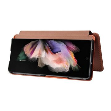 Wigento Handyhülle Für Samsung Galaxy Z Fold4 5G Carbon Kunstleder Handy Tasche Hülle Etuis Braun