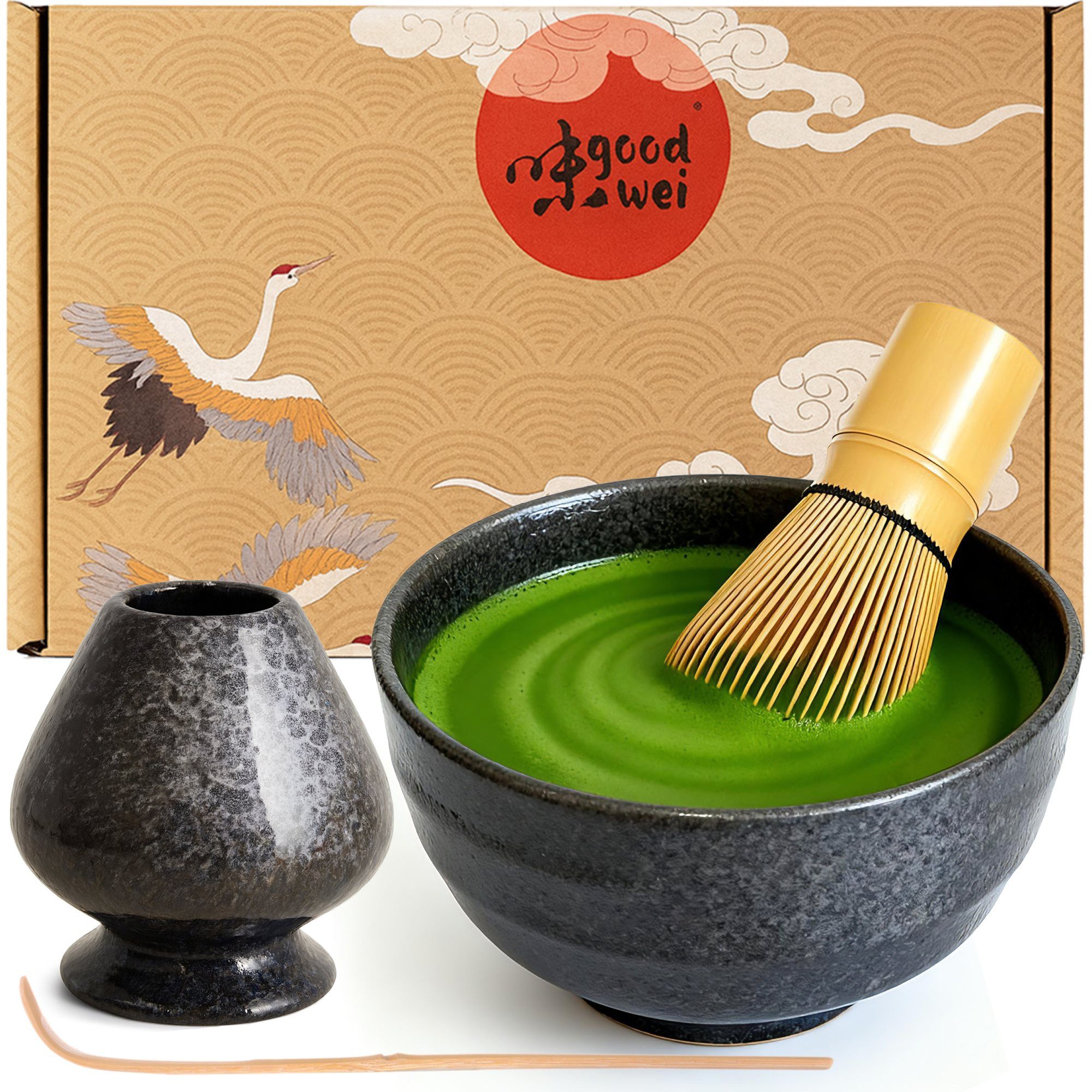 Goodwei Teeservice Matcha-Set "Goma" mit Teeschale, Matchabesen und Besenhalter (4-tlg), 1 Personen, Keramik, handgearbeitet