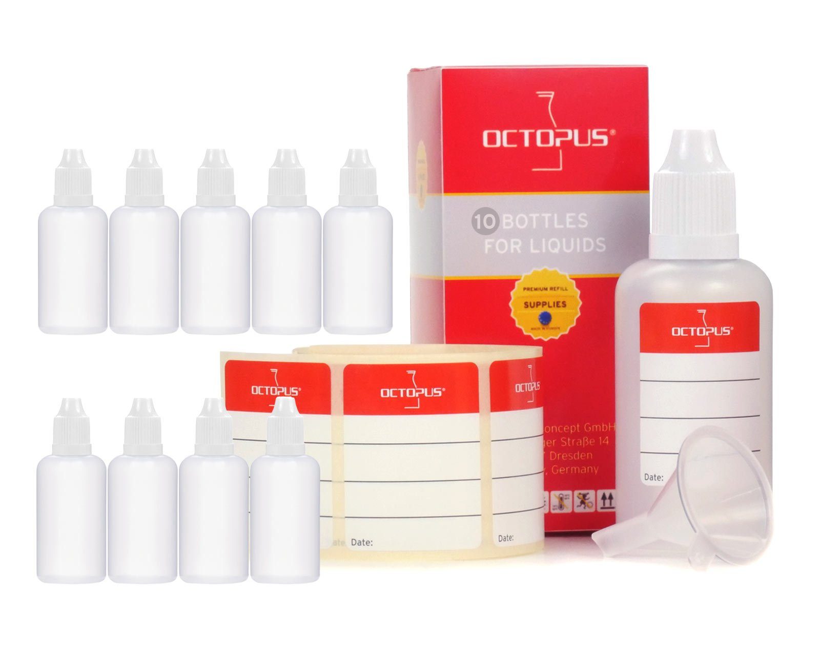 OCTOPUS Kanister 10 Plastikflaschen 50 ml aus LDPE, G14, Tropfverschluss, Deckel weiss (10 St)