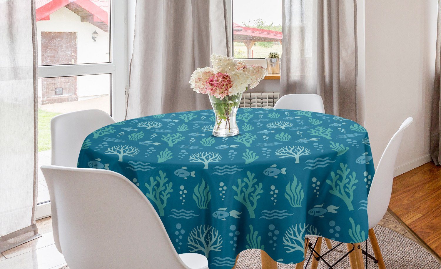 Abakuhaus Tischdecke Kreis Tischdecke Abdeckung für Esszimmer Küche Dekoration, Blau Wasser Algen Bubbles Waves