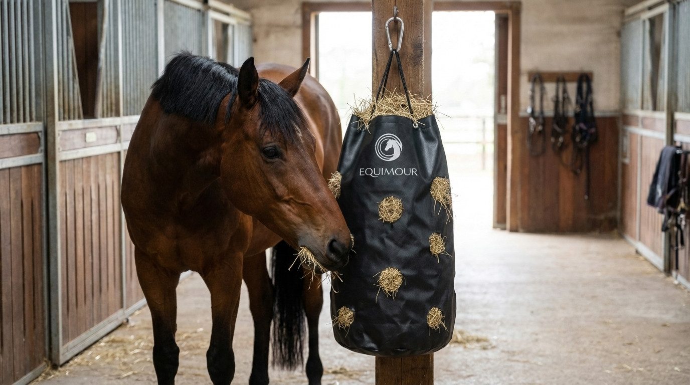 Equimour Heunetz Heusack Pferd 195L – Slow Feeder, robust, mit Karabiner, Slow Feeder, 135L, robust, wetterfest, mit Karabiner