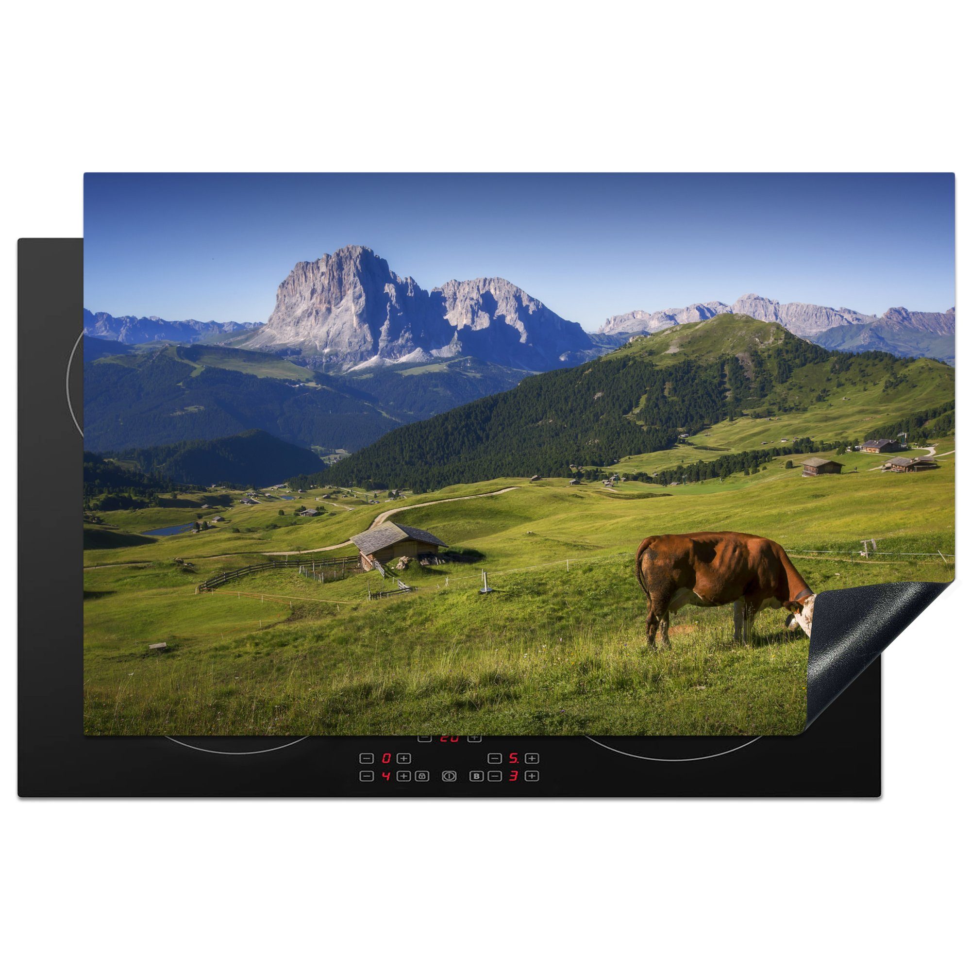 MuchoWow Herdblende-/Abdeckplatte Kuh - Berg - Alpen, Vinyl, (1 tlg), 81x52 cm, Induktionskochfeld Schutz für die küche, Ceranfeldabdeckung