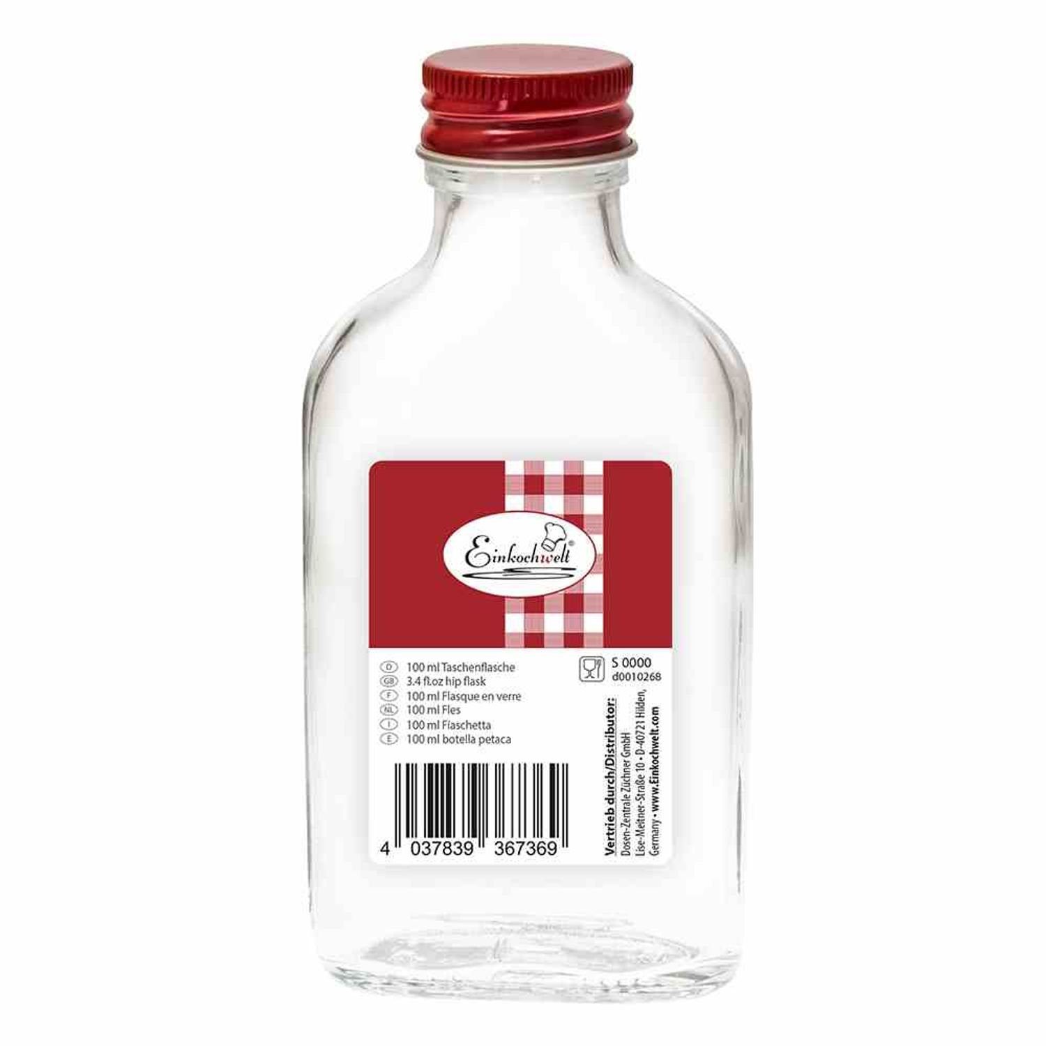 Einkochwelt Vorratsdose Taschenflasche weiß 100 ml mit roter Verschraubung 28 mm, Glas