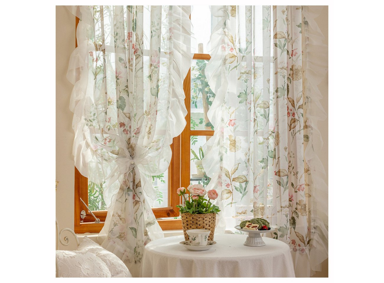 Diwzbyn Vorhang Kamelien-Blumenmuster-Vorhänge, Transparente Gardine mit Rüschenvolant, Boho-Vorhänge für Wohnzimmer und Schlafzimmer