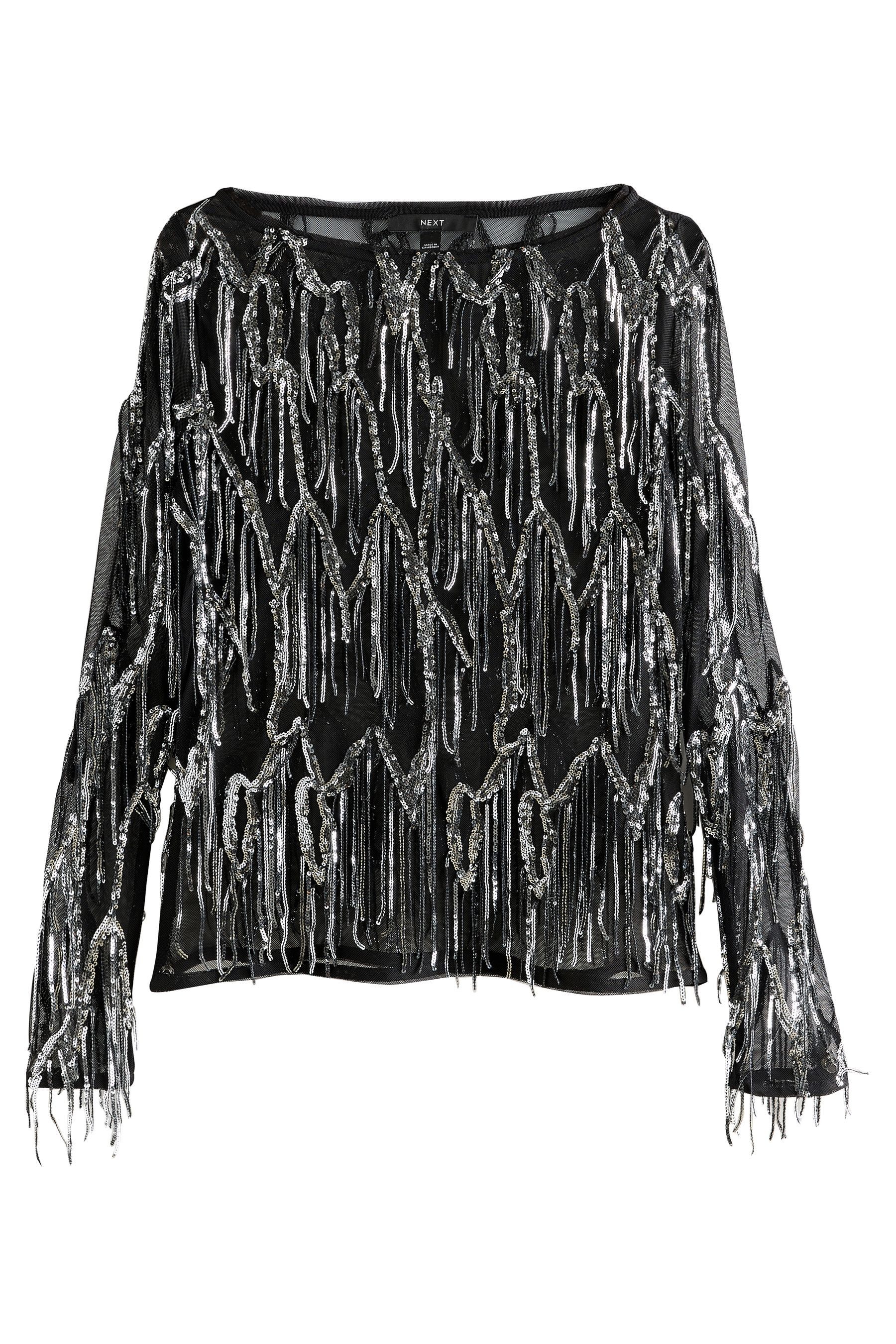 Next Langarmbluse Oberteil mit Kerbausschnitt, Pailletten + Fransen (1-tlg) günstig online kaufen