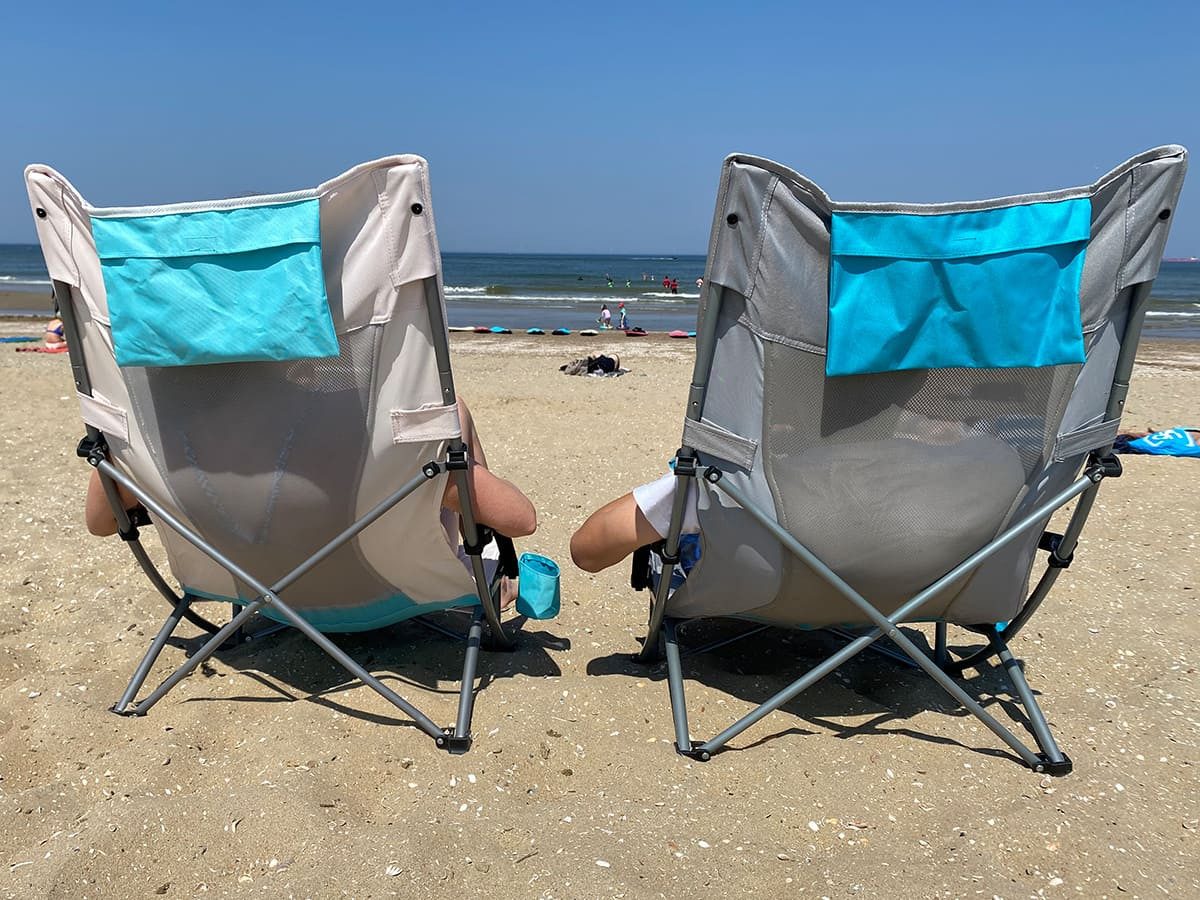 Skandika Campingstuhl Strandstuhl Beach, klappbar, faltbar, leicht, Klappstuhl, 2er-Set, mit atmungsaktivem Mesh, Getränkehalter, Vordertasche, Kopfkissen