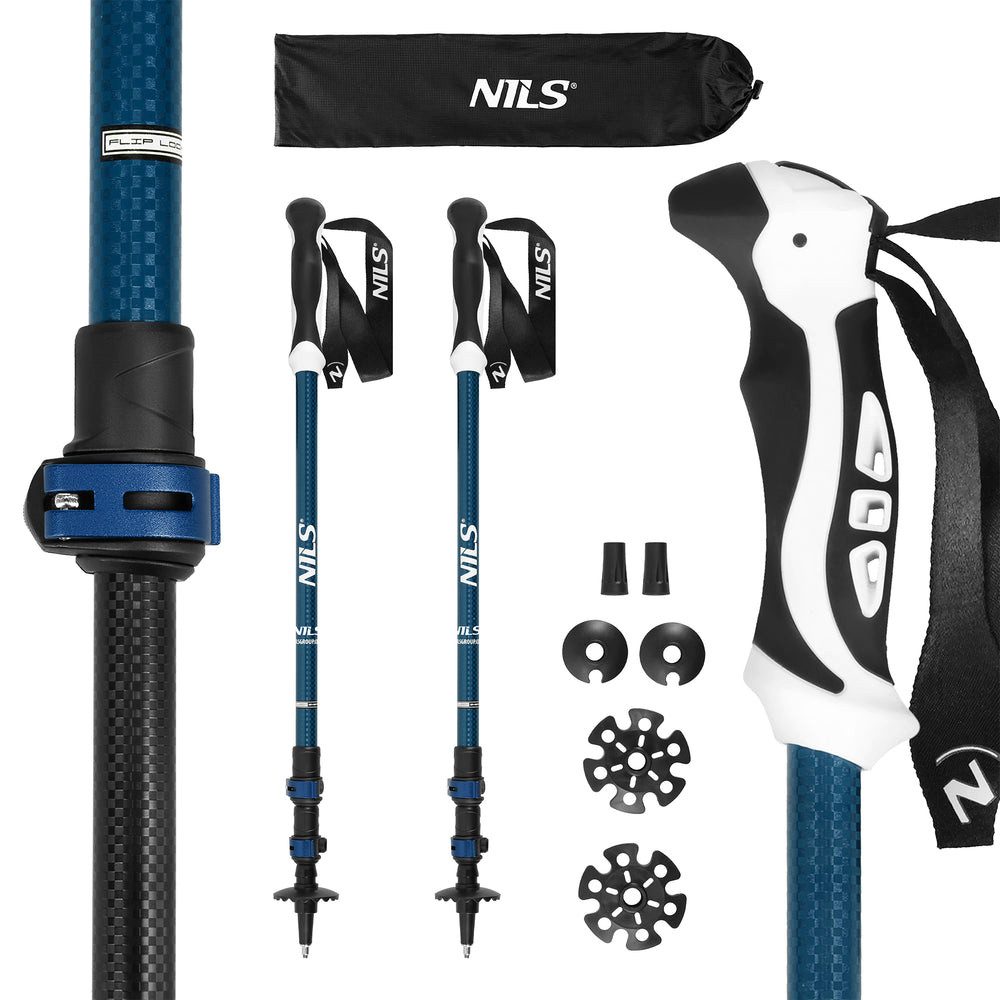 Nils Trekking-Stöcke Wanderstöcke Nordic-Walking-Stöcke Teleskopstöcke (Spar-Set, 2 St., 65 - 135 cm, leicht), Klemmverschluss, Aluminium 6061, Schneeteller, Tasche