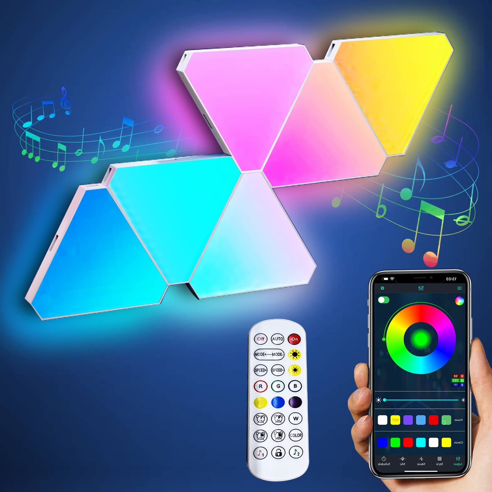 ZEUOPQ LED Dekolicht LED Wandleuchten, 6St. Smarte LED-Nachtlicht, LED Dreiecke Wandleuchte, Musik Sync, Bluetooth-App und Fernsteuerung Ambiance Wandleuchter für Gaming, LED fest integriert, RGB, LED-Dekolicht, LED-Panel,für Wohnzimmer, Schlafzimmer, DIY