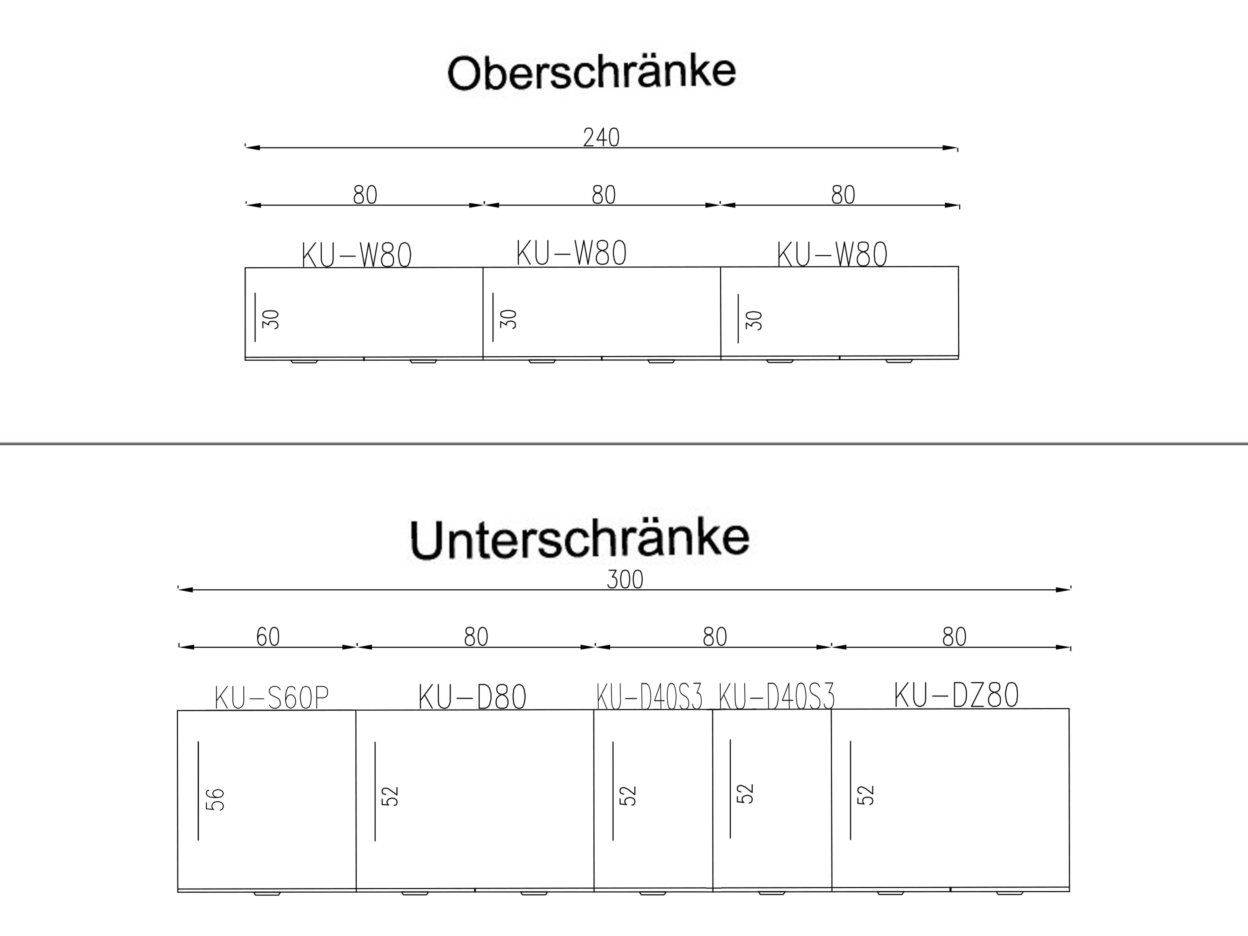 ROYAL24_MARKT Küchenzeile – 300 cm – Lunara – Ohne Arbeitsplatte & Elektrogeräte, (Set), Top Qualität - Modernes Design - Feinste Materialien