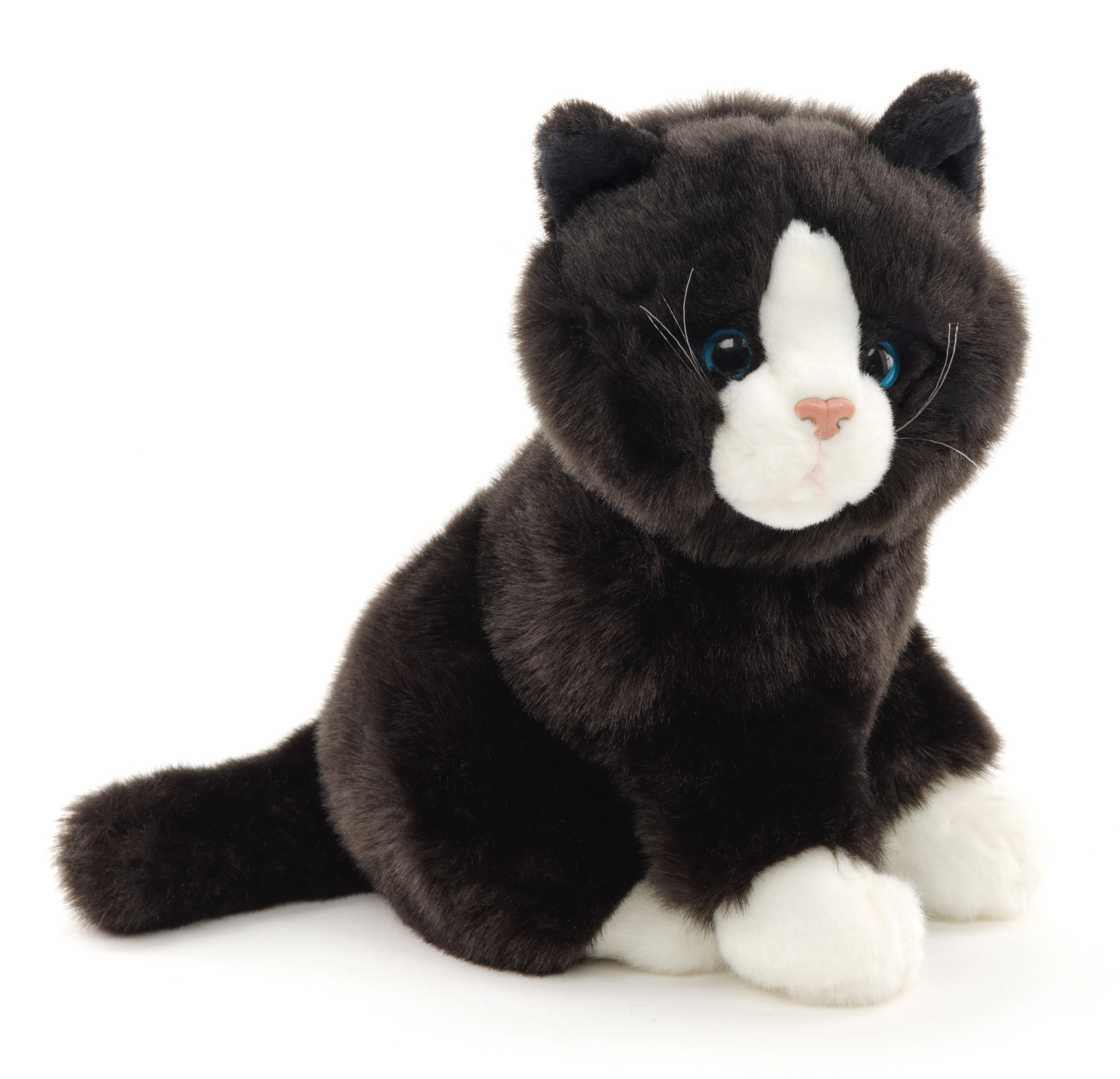Uni-Toys Kuscheltier Katze, sitzend - versch. Fellfarben - Höhe 21 cm - Plüsch, Plüschtier, zu 100 % recyceltes Füllmaterial Schwarz-weiß