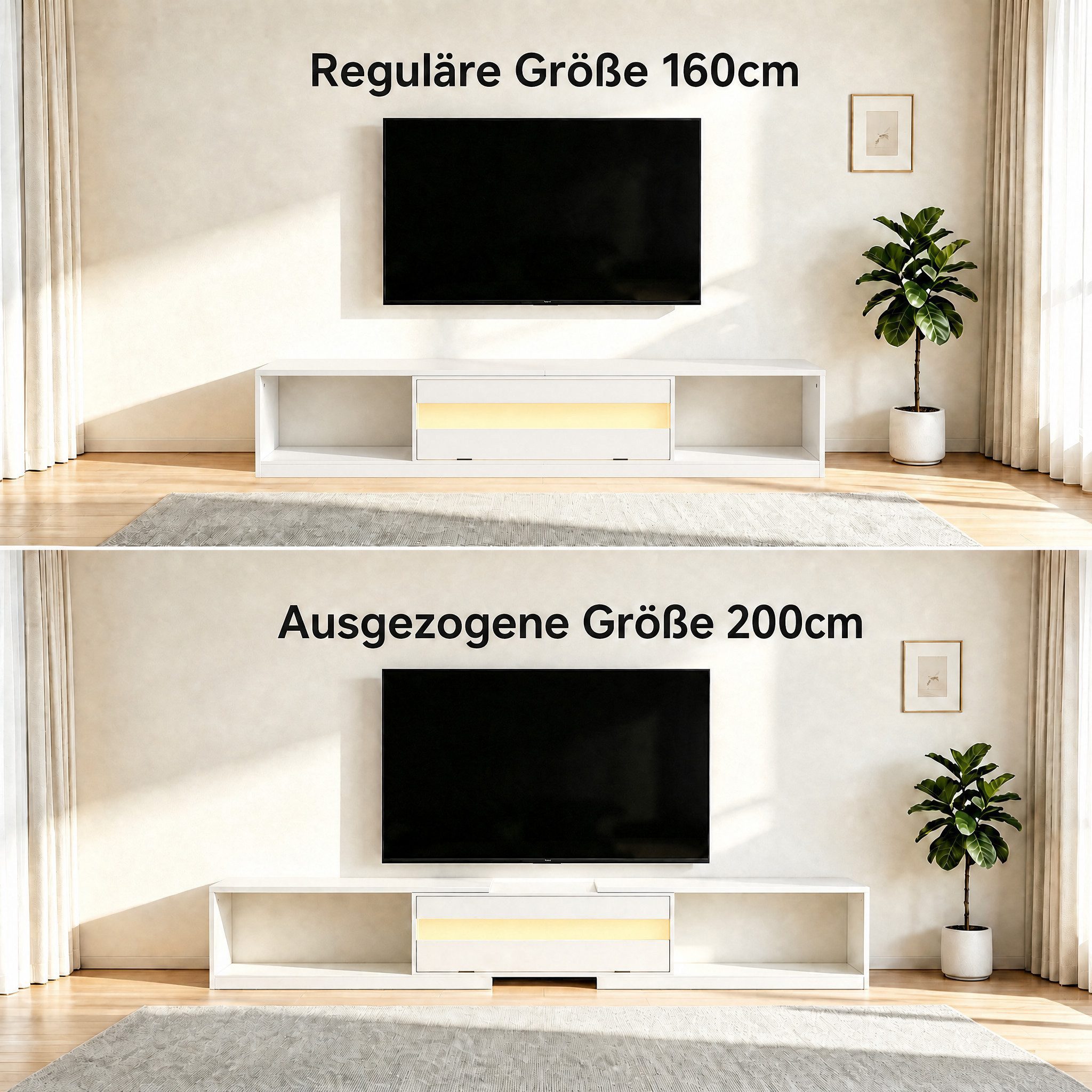 FUFU&GAGA Lowboard 140-200cm TV-Board Hochglanz LED, Weiß/Schwarz, ausziehbar – Bild 2 von 5
