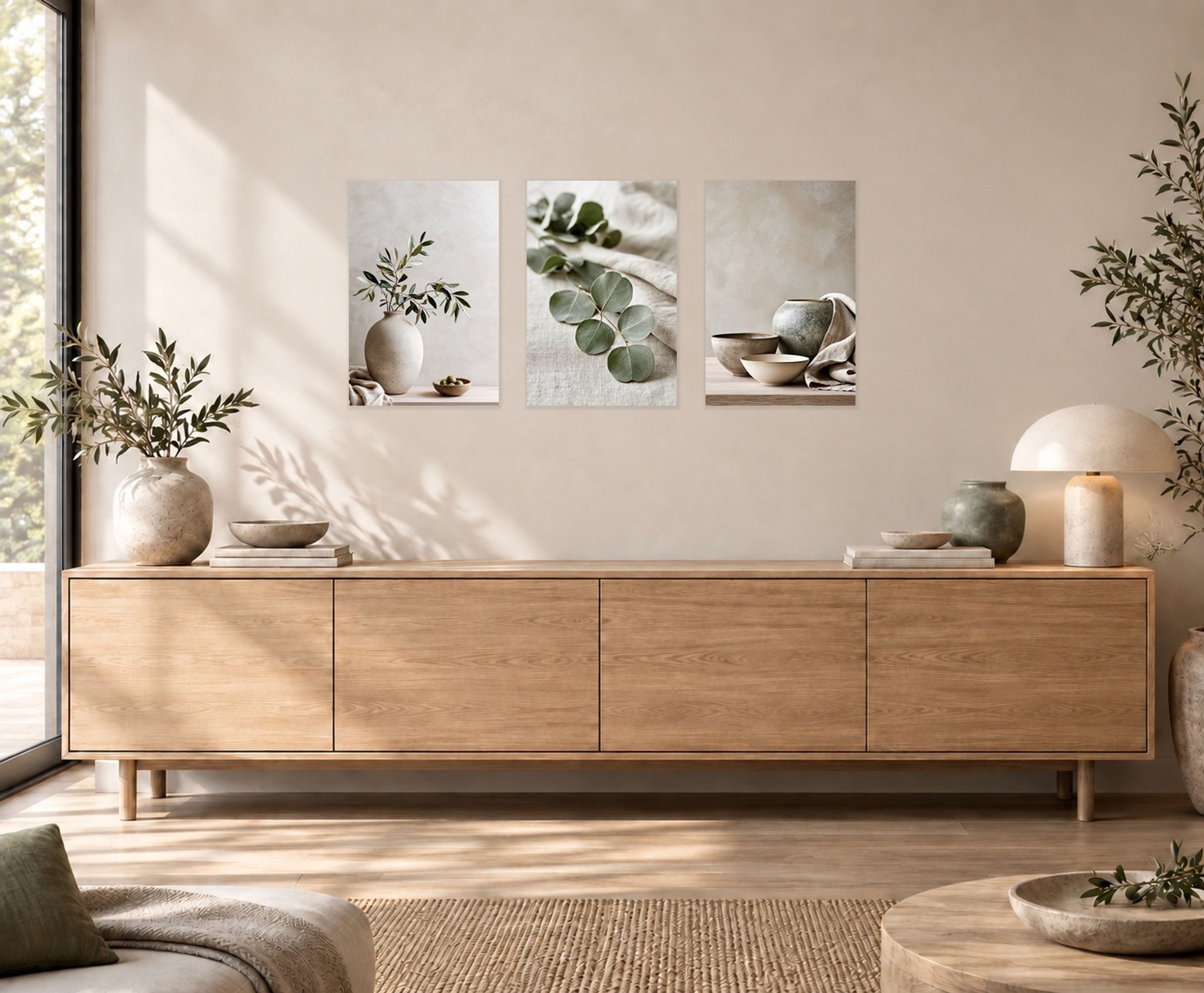 artissimo Mehrteilige Bilder Bilderset 3er-Set, Wandbilder-Set, Bilderwand, Wanddeko Japandi, Stillleben: Eukalyptus und Vasen in Beige und Grün – Bild 2 von 5
