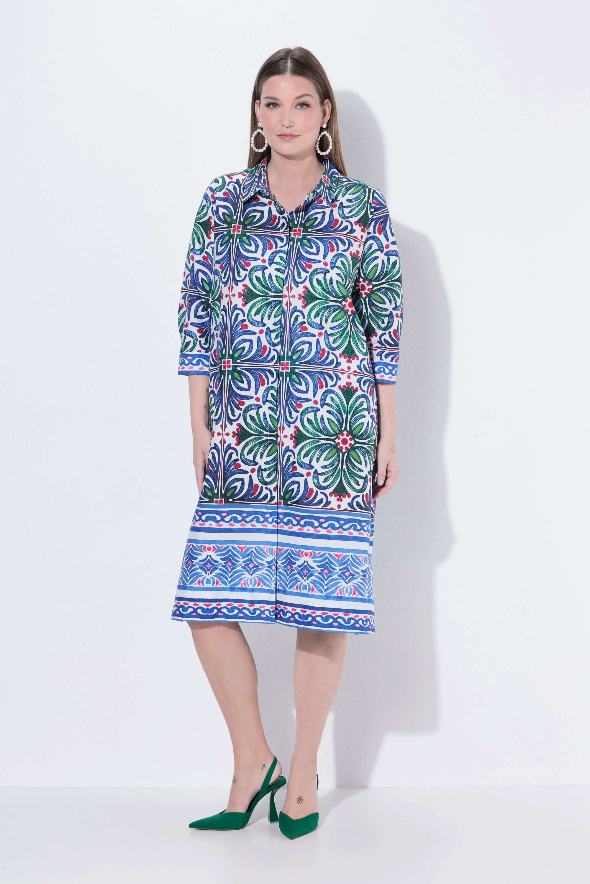 Ulla Popken Midikleid Tunikakleid A-Linie Hemdkragen 3/4-Arm