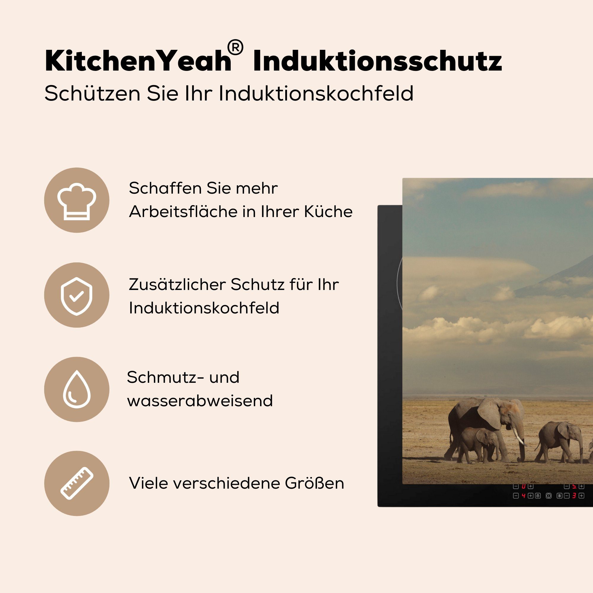 der Elefanten cm, Ceranfeldabdeckung, Herdblende-/Abdeckplatte Savanne, 83x51 Vinyl, Arbeitsplatte tlg), für küche Afrikanische in (1 MuchoWow