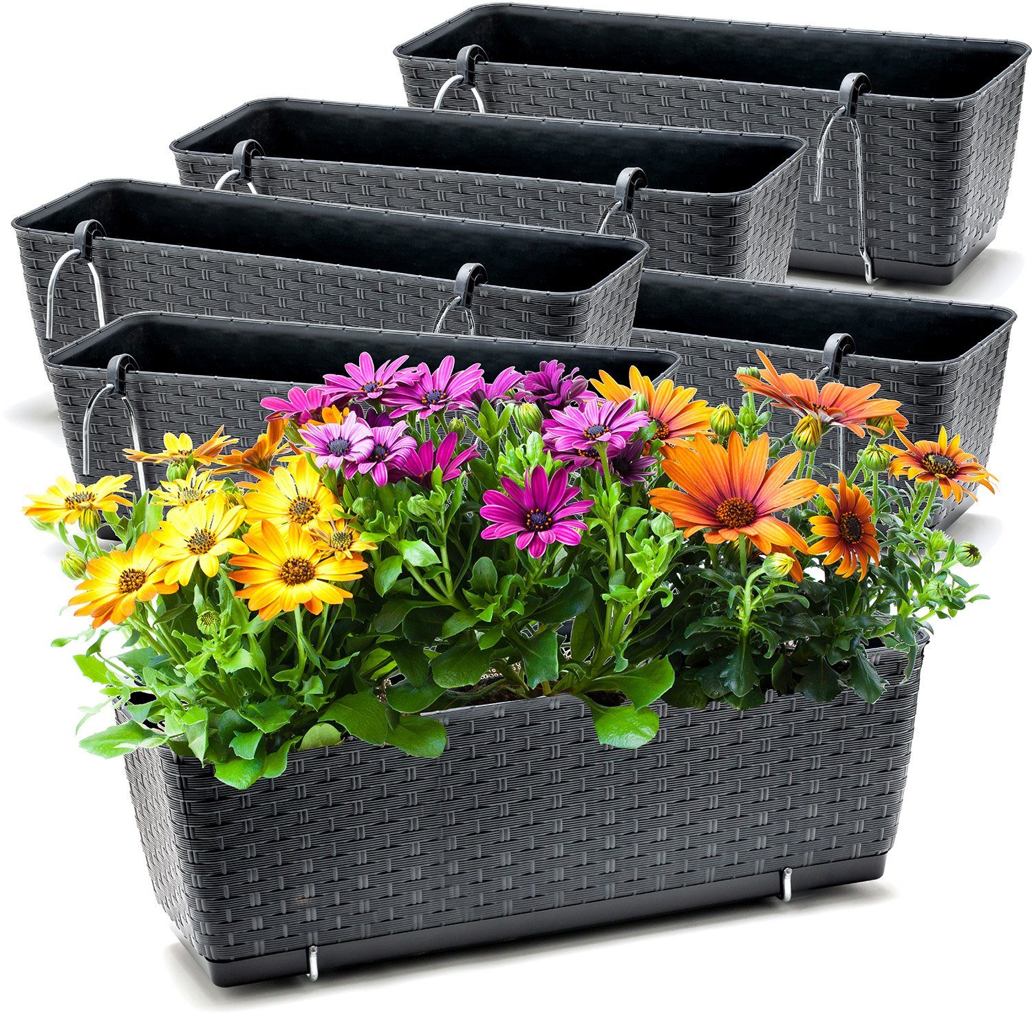 BigDean Blumenkasten 6x Bewässerungssystem + Halterung Rattan-Optik Anthrazit 49x17x17cm (Set, 6 St., Balkonkästen), Bruchfest, Bewässerungssystem, Wasserspeicher, Halterung