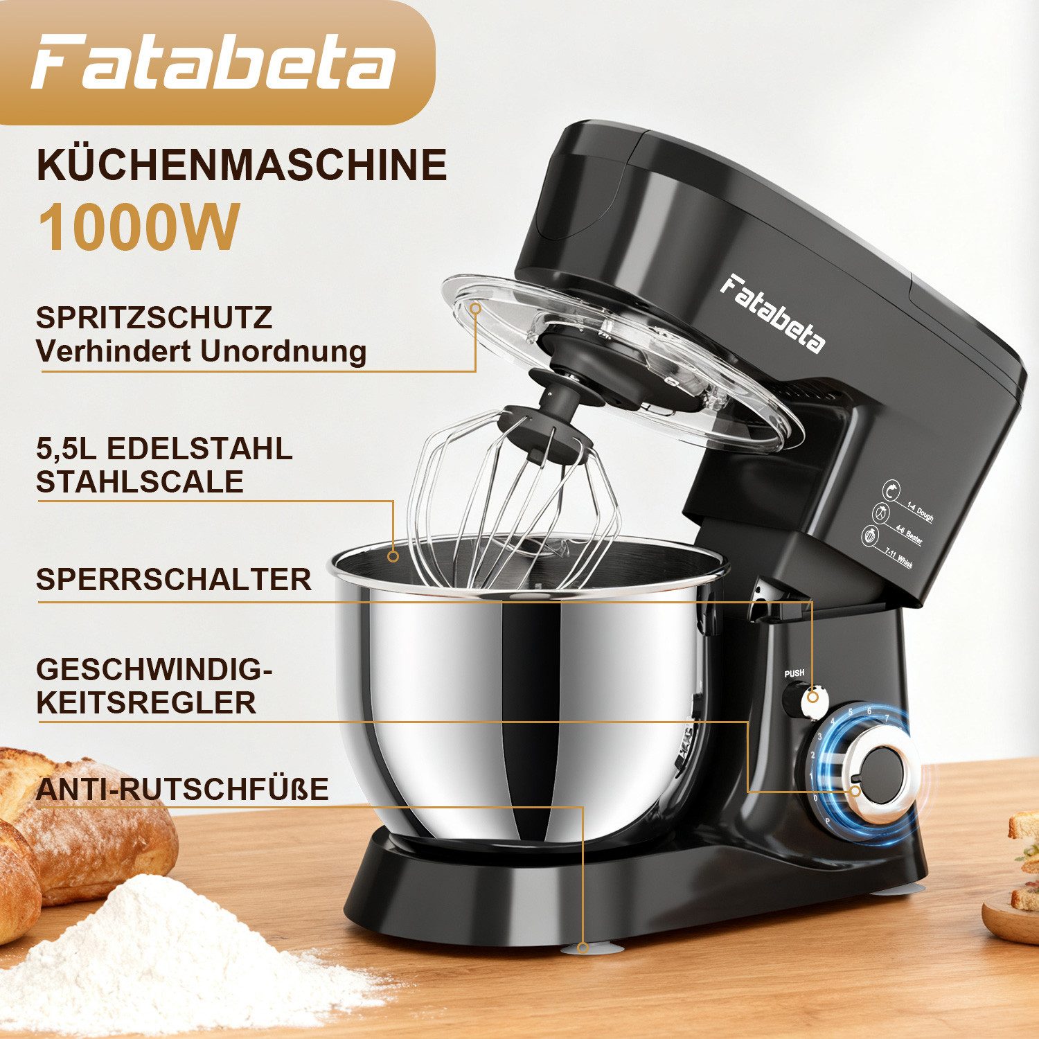 7MAGIC Küchenmaschine, 1000 W, Knetmaschine, Kompakt Küchenmaschine