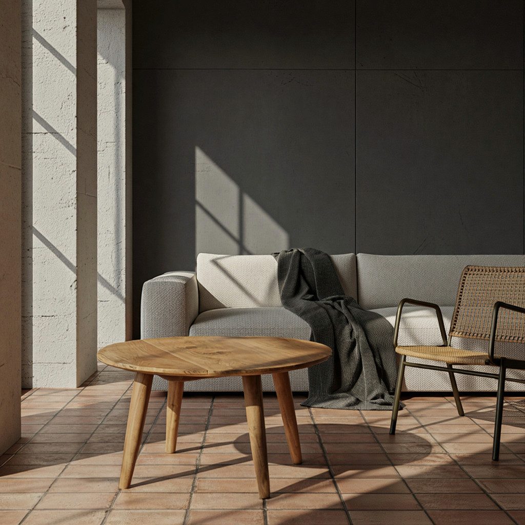 KADIMA DESIGN Couchtisch Couchtisch BOHA Massivholz Akazie (Beistelltisch mit 4 Beinen im Landhausstil), Wohnzimmertisch rund Ø75 x 40 cm – Bild 5 von 5
