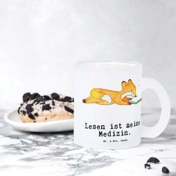 Mr. & Mrs. Panda Teeglas Fuchs Lesen - Transparent - Geschenk, Teeglas, Glas Teetasse, Teetass, Premium Glas, Edler Aufdruck