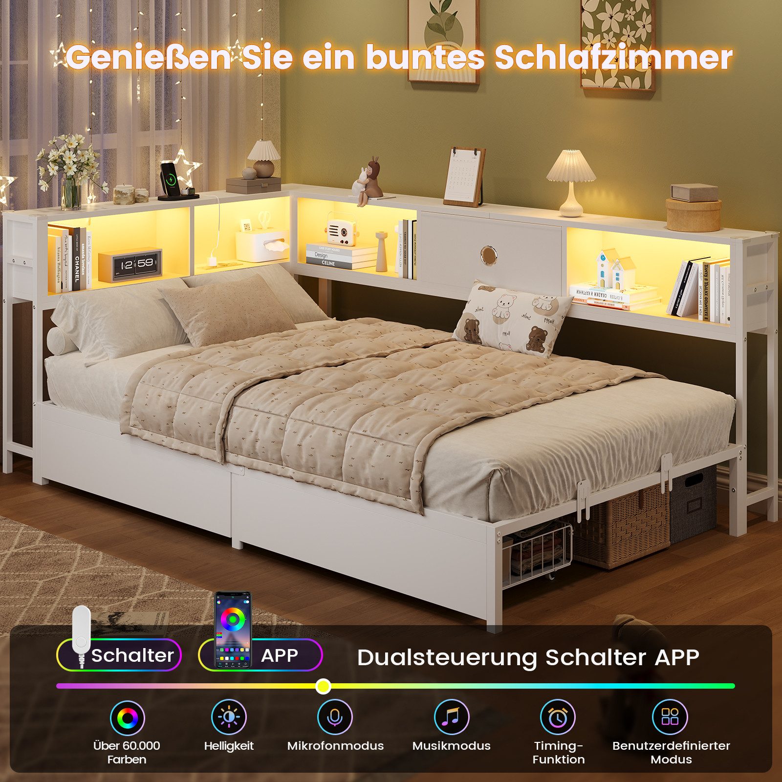 MSMASK Daybett L-Form Schlafsofa mit LED-Beleuchtung und Steckdose, Kinderbett (1 tlg), Jugendbett mit Metallrost, 90x190cm, Weiß – Bild 4 von 5