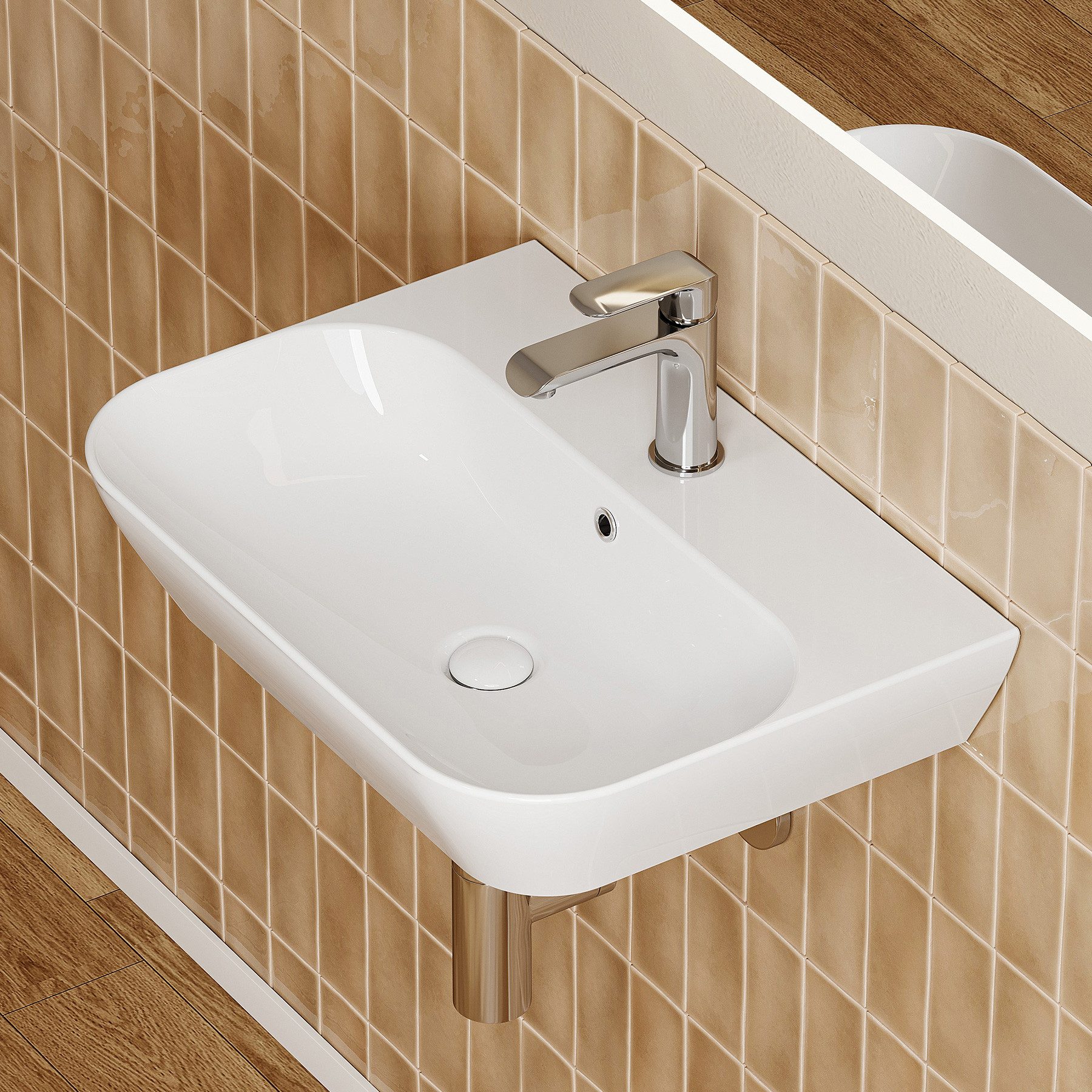 HOROW Aufsatzwaschbecken Waschbecken Hängewaschbecken Keramik mit Nanobeschichtung (Pflegeleicht, weiß ohne Armutar, mit Hahnloch und Überlauf)