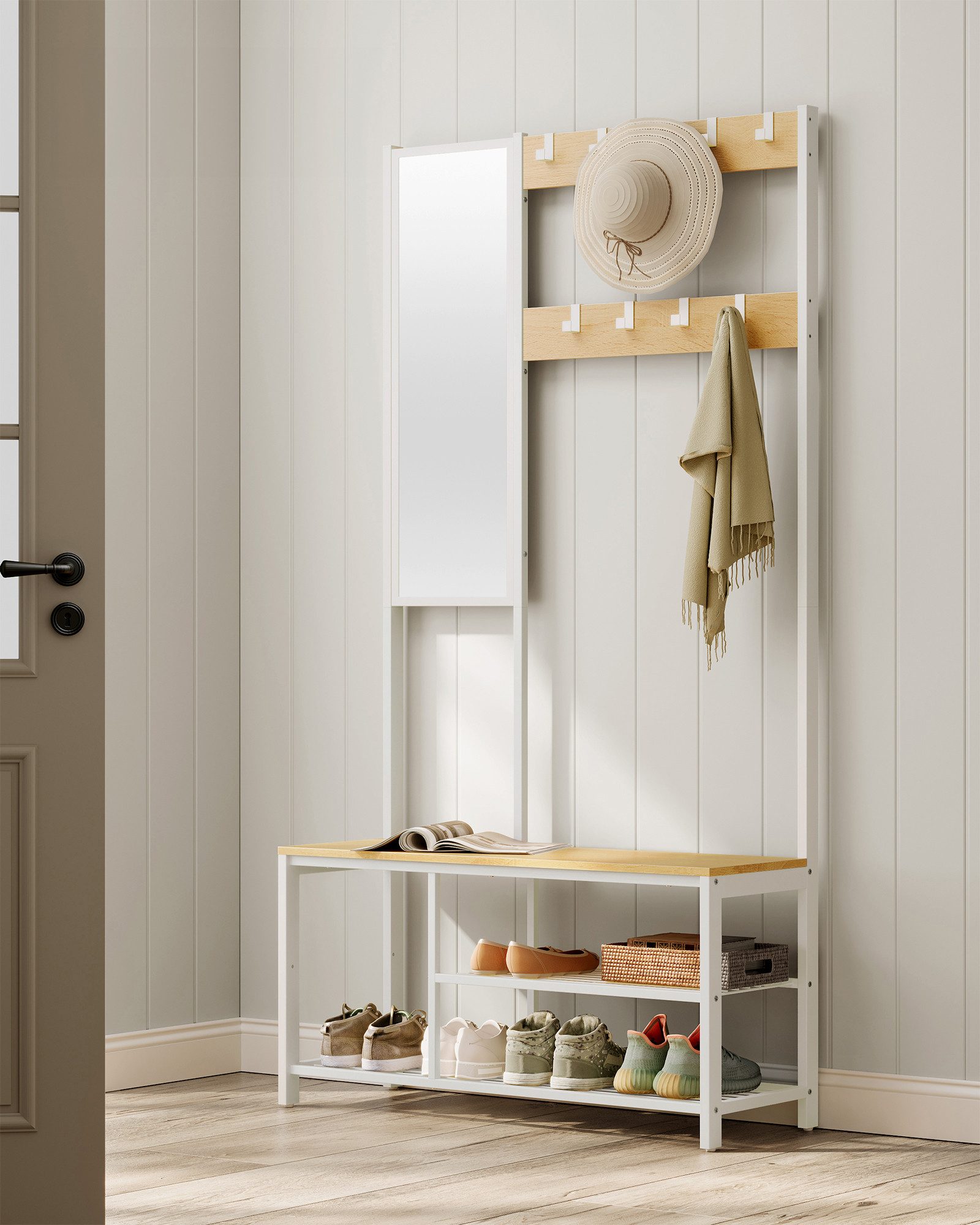 VASAGLE Garderobenständer Garderobe mit Haken, Kleiderständer mit Spiegel, Schuhbank und Ablagen, 36 x 98 x 185 cm, für Flur, Schlafzimmer, Wohnzimmer