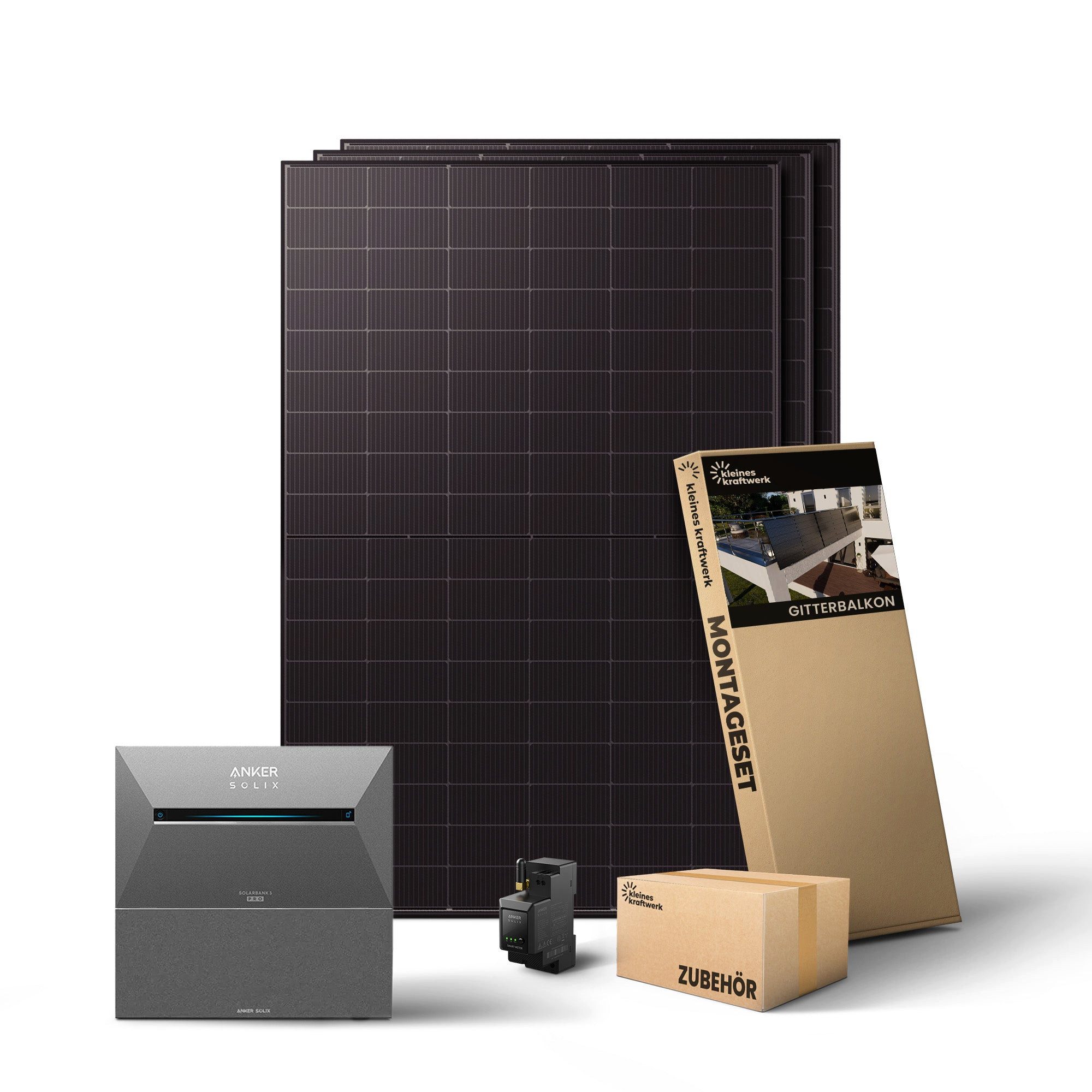 Kleines Kraftwerk Balkonkraftwerk, 1500 W, Monokristallin, (Gitterbalkon, Solaranlage Komplettset mit Speicher), 3 x 500W, Anker Solarbank 3 Pro, Wechselrichter