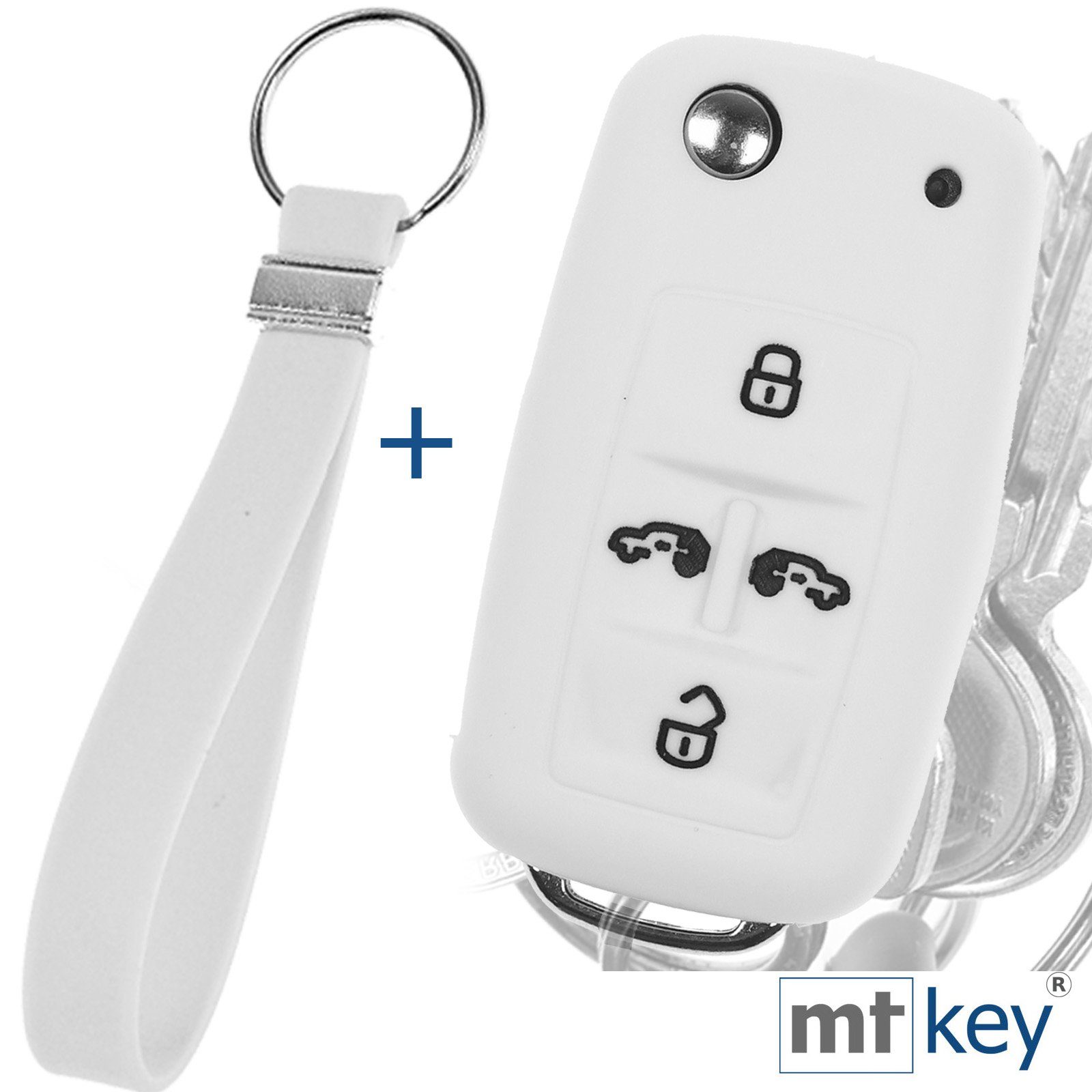 mt-key Schlüsseltasche Autoschlüssel Silikon Schutzhülle im Wabe Design Weiß + Schlüsselband, für VW Multivan Sharan T5 T6 Caddy Seat Alhambra 4 Tasten Schlüssel