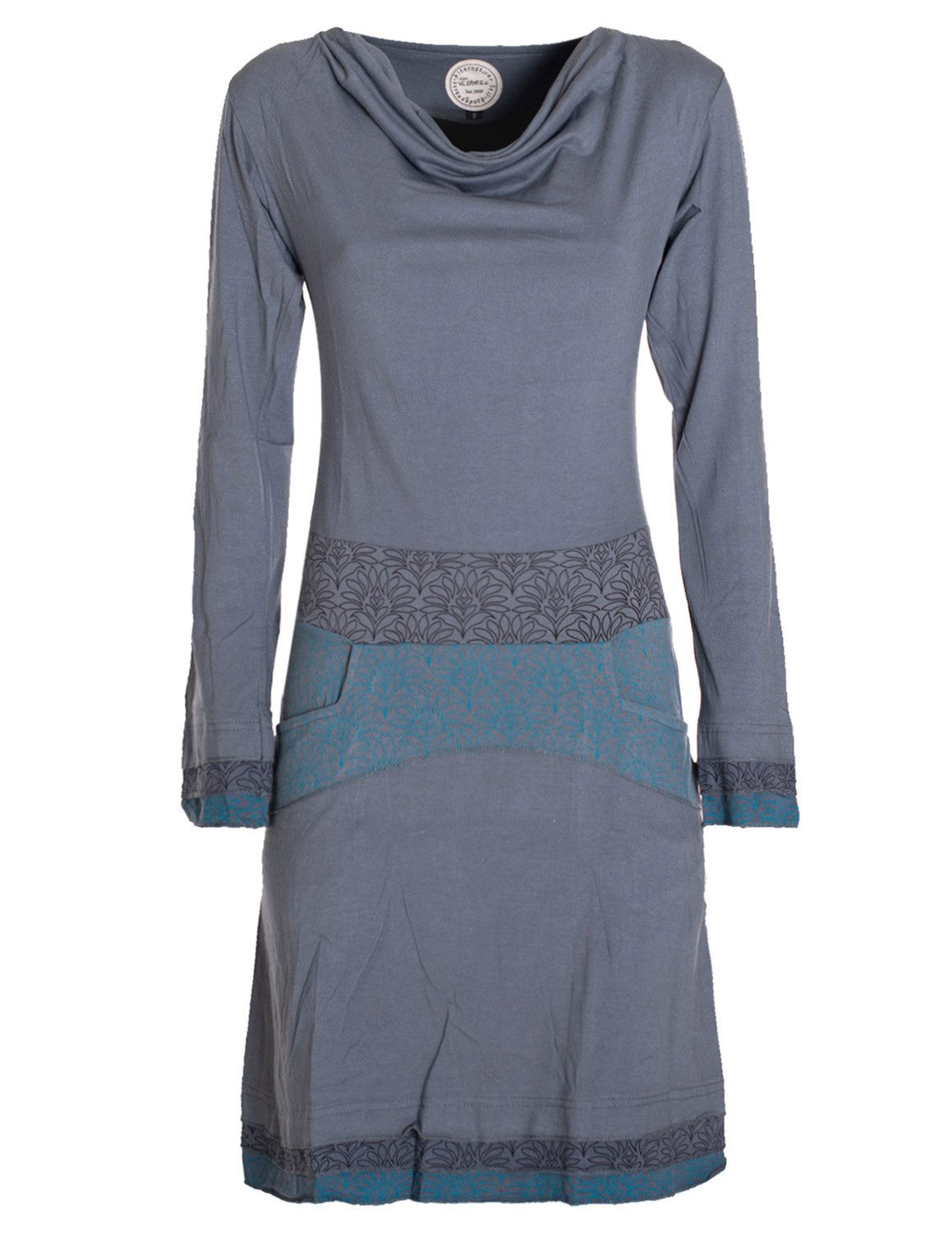 Jerseykleid Kleid Wasserfallkragen Bund bedruckt Taschen