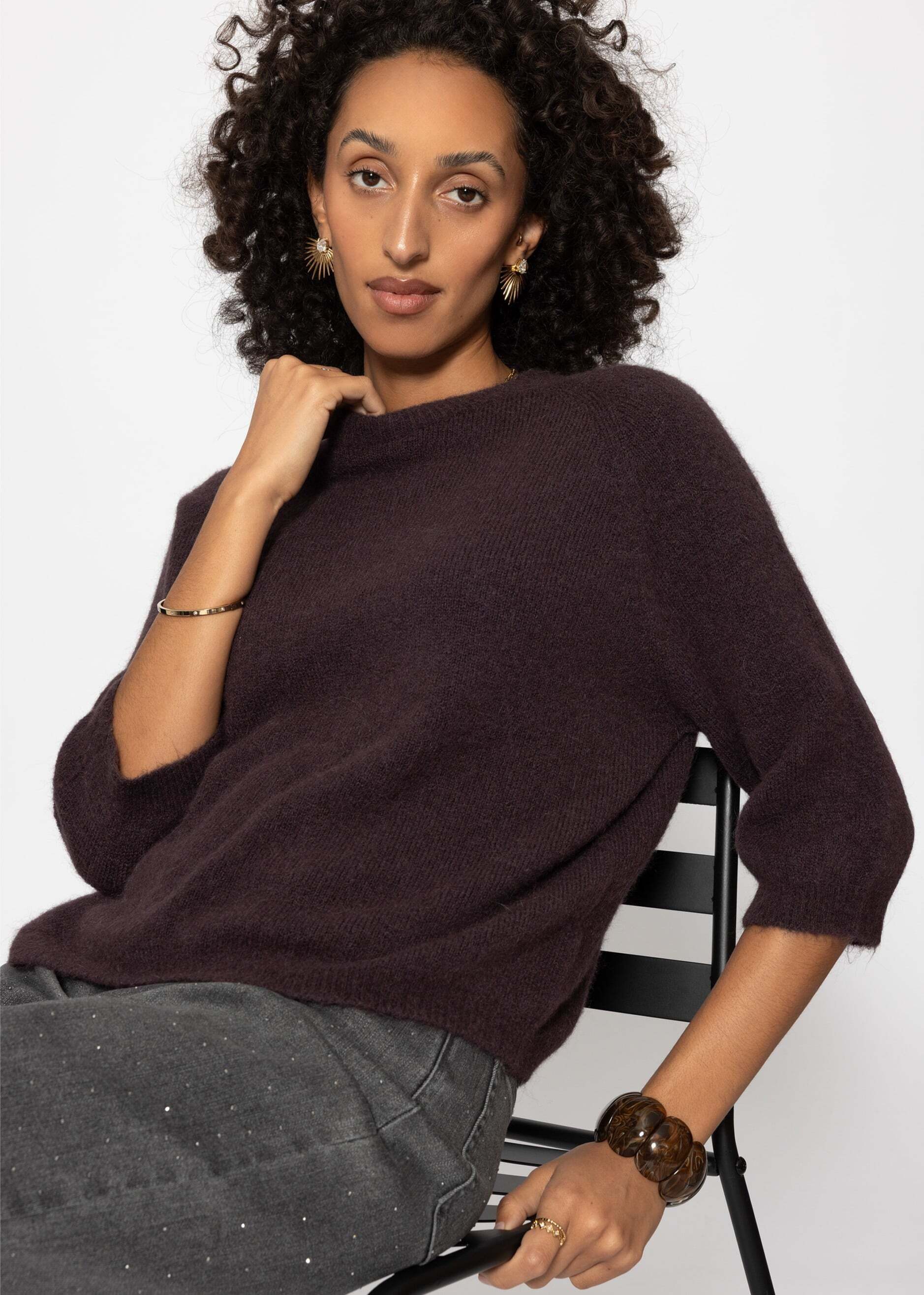 SASSYCLASSY Strickpullover Strickoberteil für Damen Weicher Pullover mit halblangen Ärmeln und Rundhalsausschnitt