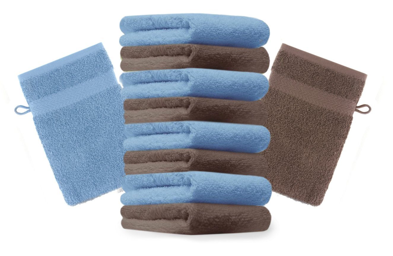 Set Baumwolle hellblau 10 cm Waschhandschuh nussbraun (10-tlg) Waschlappen 100% 16x21 Stück Premium und Farbe Betz Waschhandschuhe
