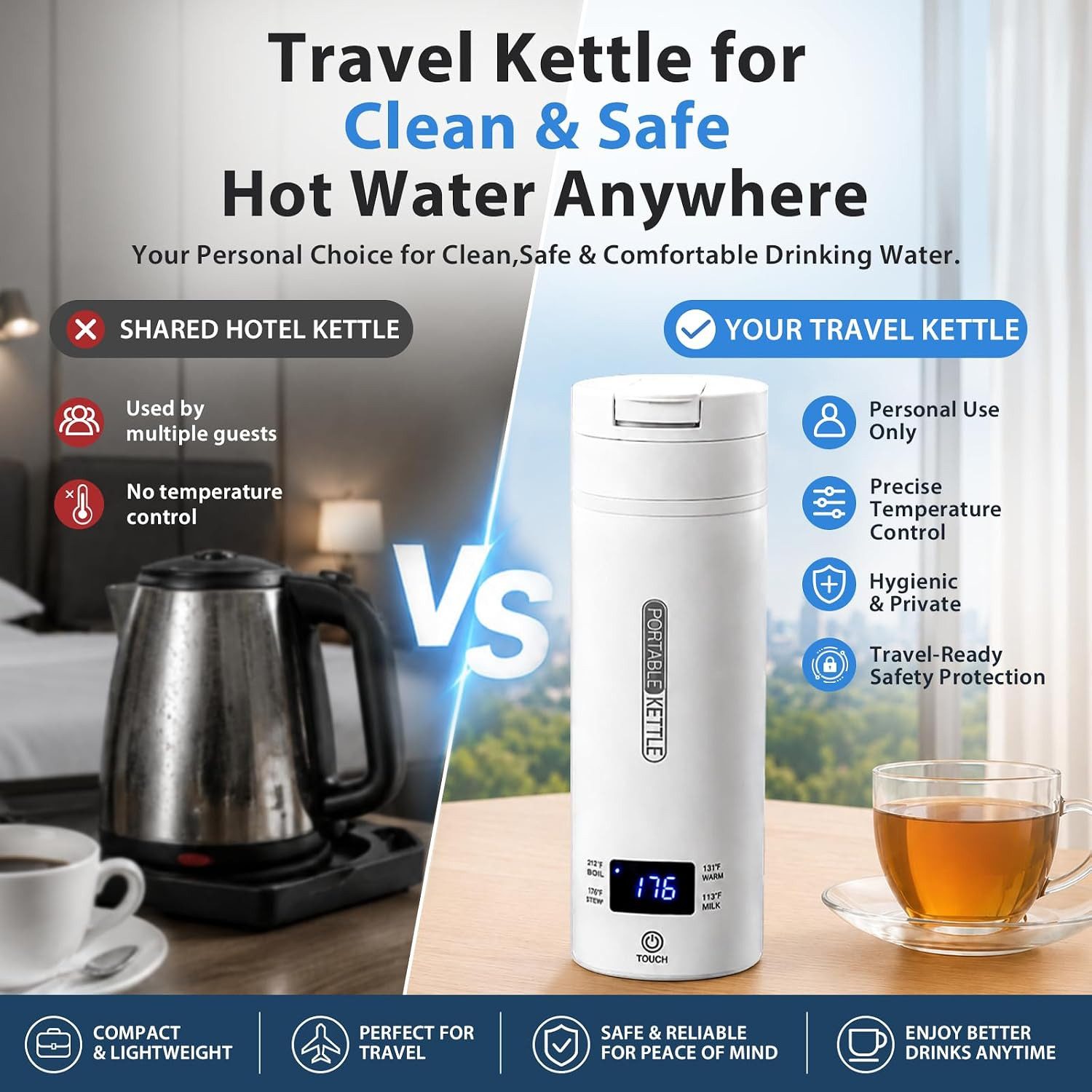 Fyrove Reise-Wasserkocher Tragbarer Wasserkocher, 500 ml, Edelstahl 316, LCD, 4 Temperaturstufen, Heizbecher, 300 W, Warmhaltefunktion für Hotel, Büro und unter – Bild 3 von 5