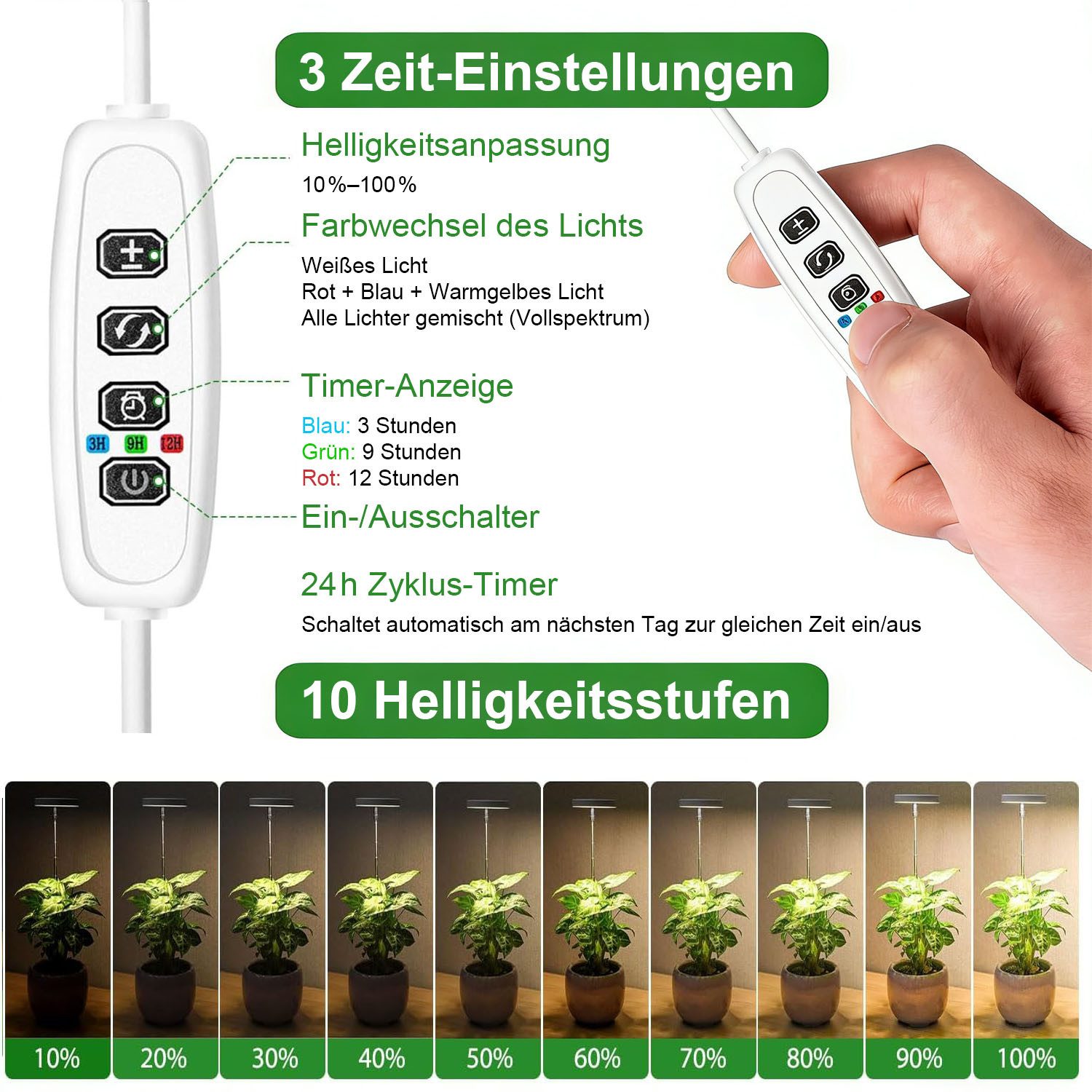 AIMAX Pflanzenlampe 72 LEDs Pflanzenlampe Vollspektrum Bis Zu 152CM Höhe, 3/9/12 Auto-Timer, 10 Helligkeitsstufen, 3 Farbmodi Grow Lampe
