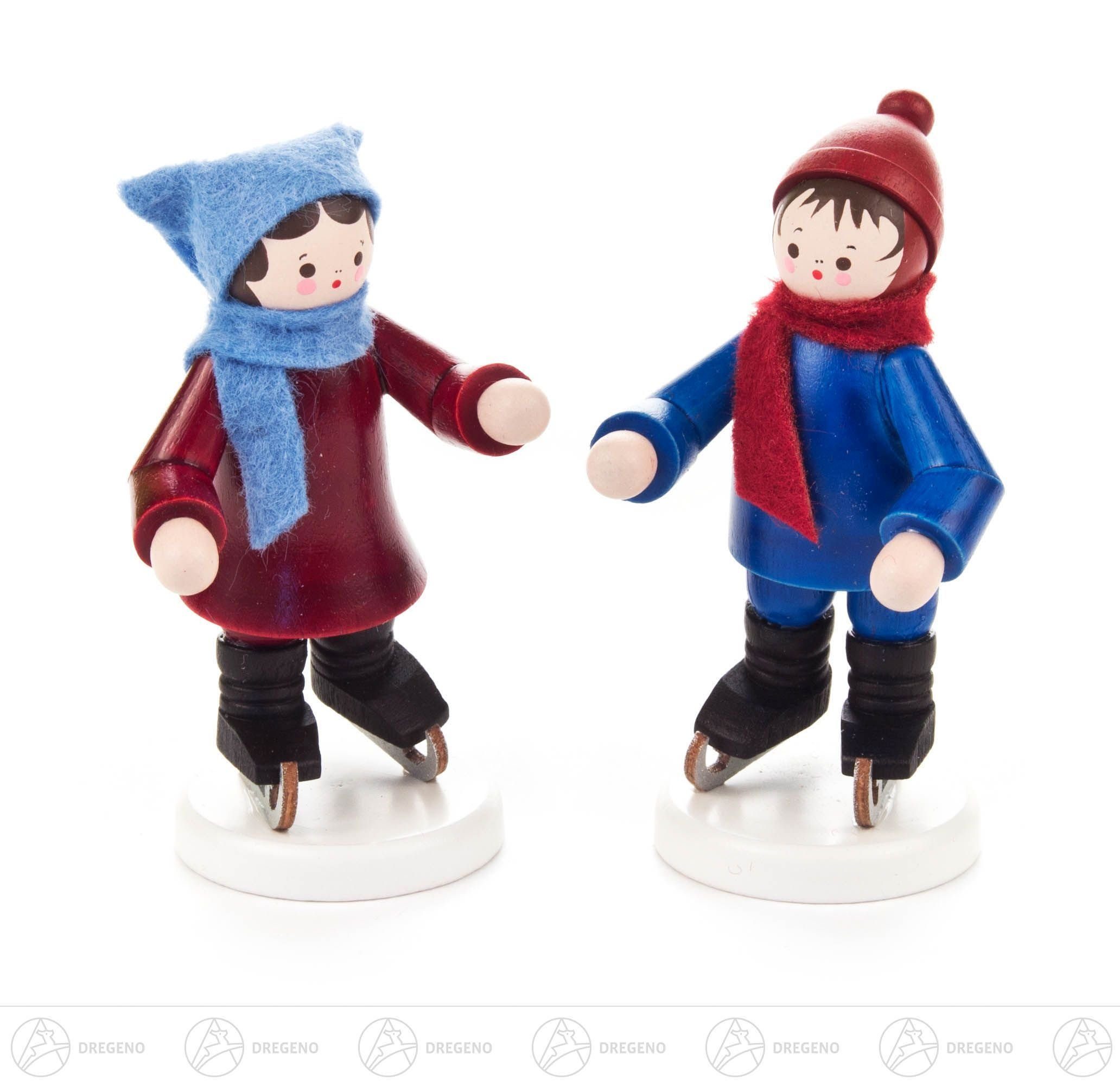 Dregeno Erzgebirge Weihnachtsfigur Miniatur Schlittschuhkinderpaar farbig Höhe ca 7 cm NEU